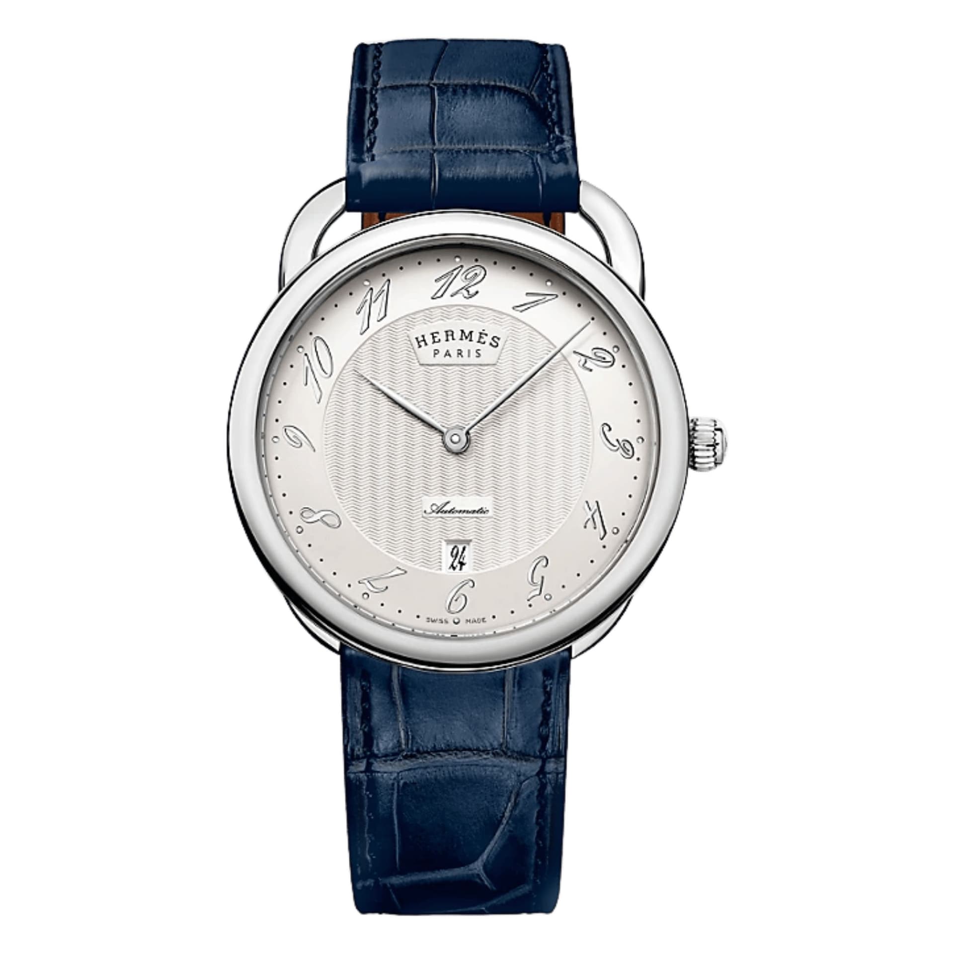 Hermès Montre HERMÈS Arceau Grand Modèle automatique cadran argenté bracelet cuir bleu 40 mm