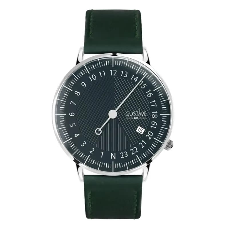 Gustave & Cie Montre 24H André Argent & Vert Cuir Vert Émeraude Surpiqué 40mm