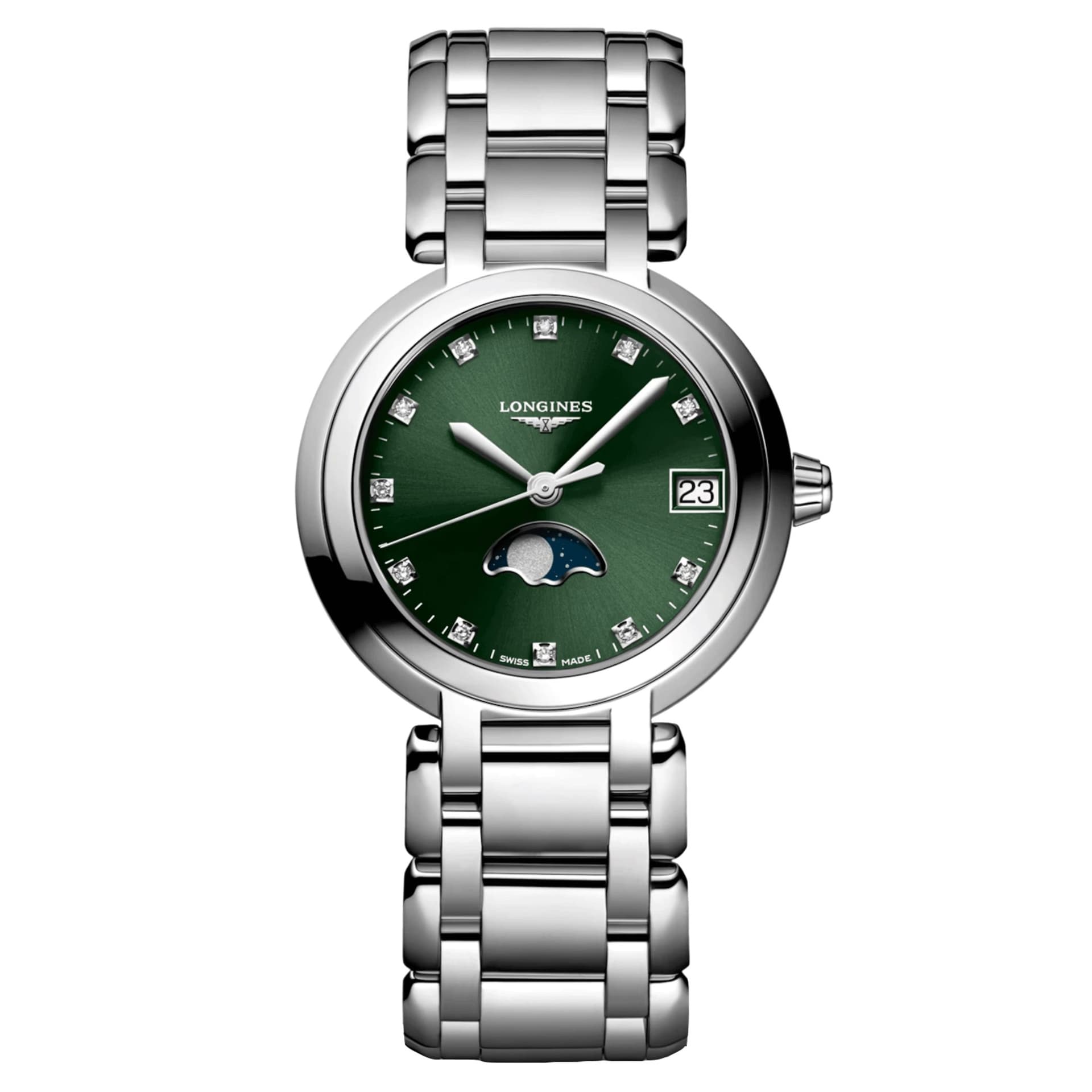 Longines Montre Longines PrimaLuna Moonphase quartz index diamants cadran vert bracelet acier 30,5 mm