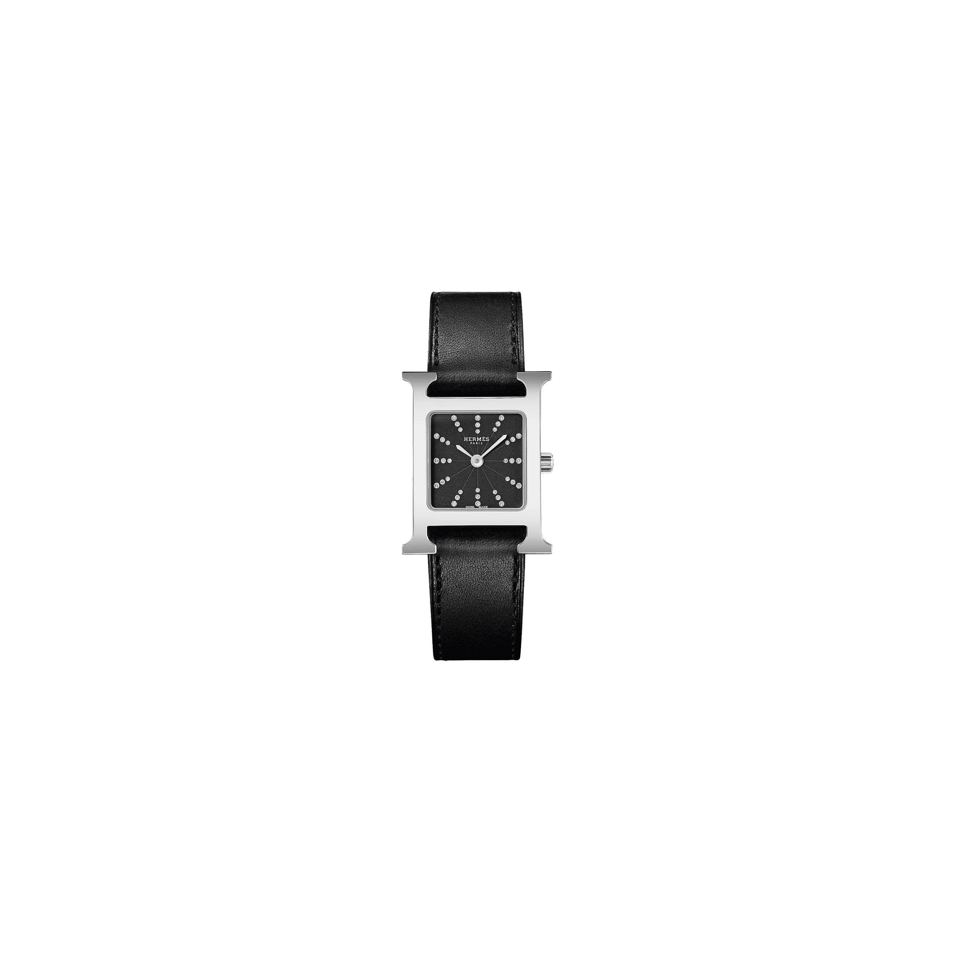 Hermès Montre HERMÈS Heure H Moyen Modèle quartz index diamants cadran PVD noir bracelet cuir noir 30 mm