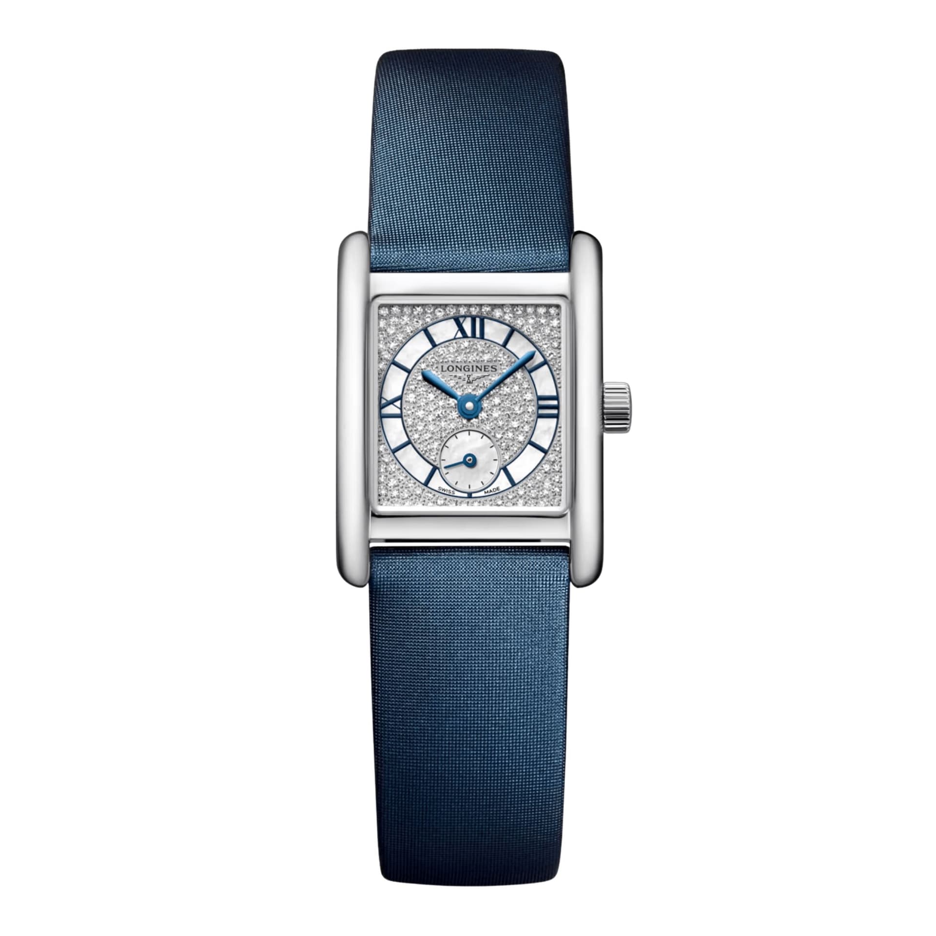 Longines Montre Longines Mini DolceVita quartz cadran nacre blanche bracelet cuir bleu 21.5 x 29 mm
