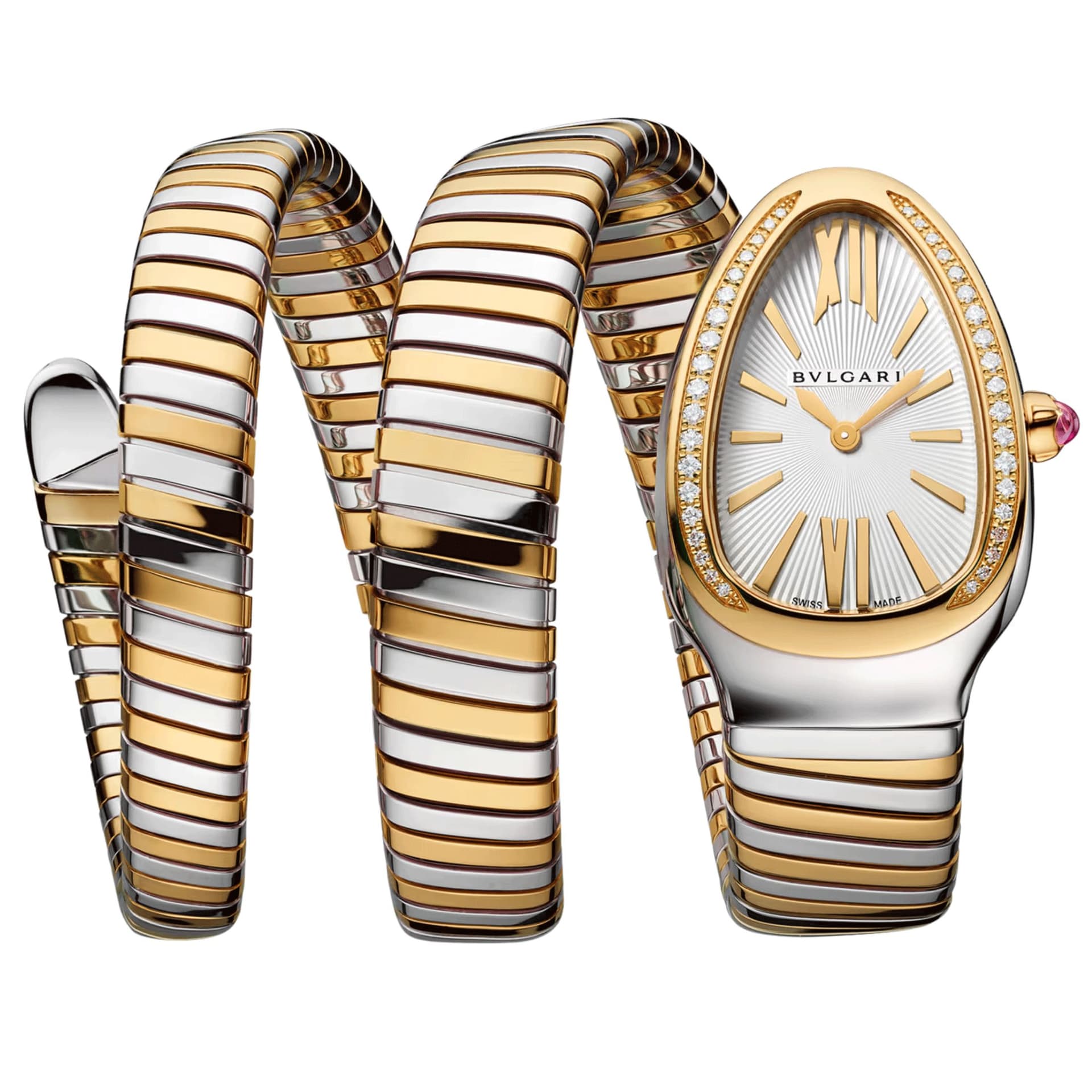 Bulgari Montre Bulgari Serpenti Tubogas S quartz lunette sertie cadran argenté opalin bracelet acier et or jaune double tour 35 mm