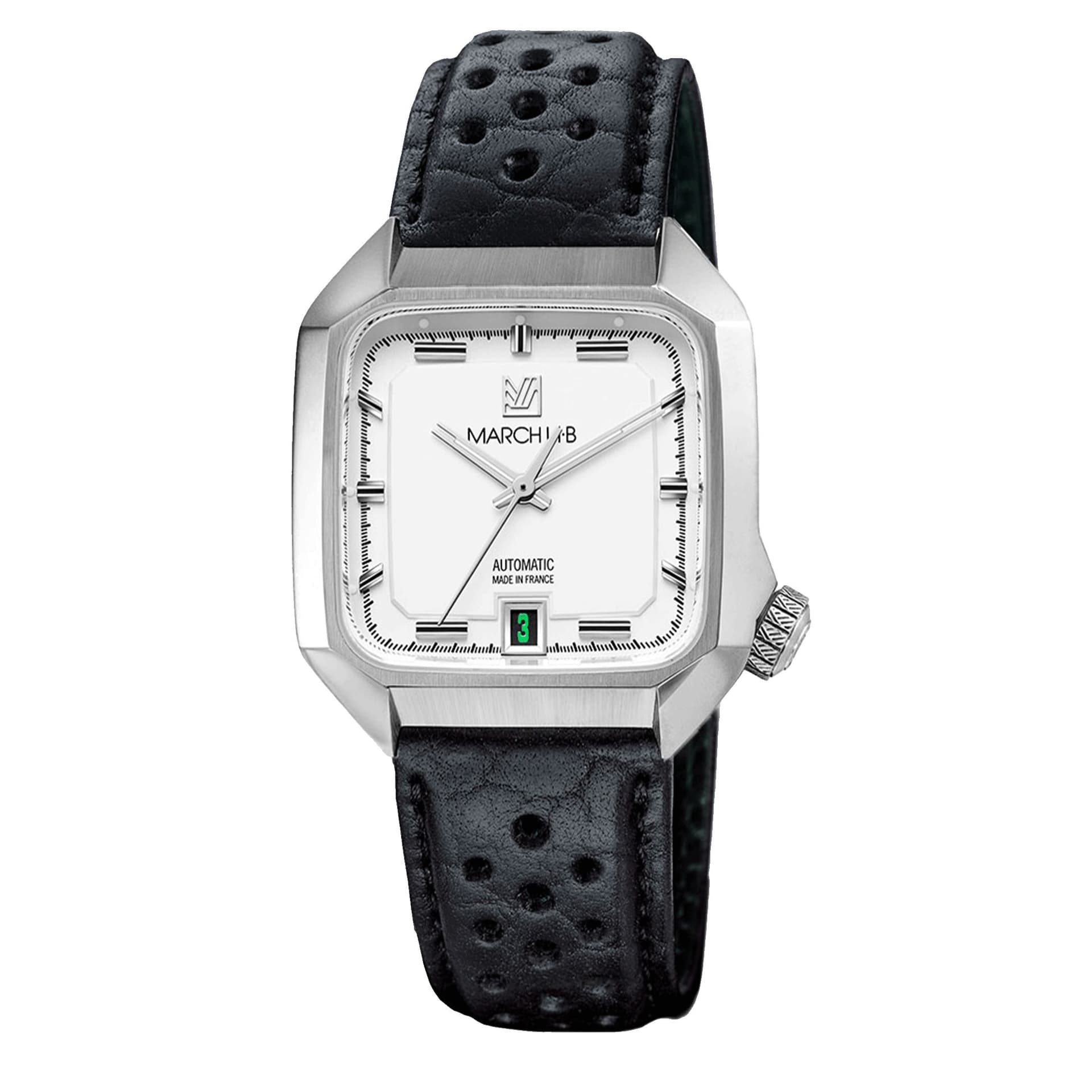 March LA.B Montre March LA.B AM2 Slim Automatique White bracelet cuir de bison perforé noir 36 mm