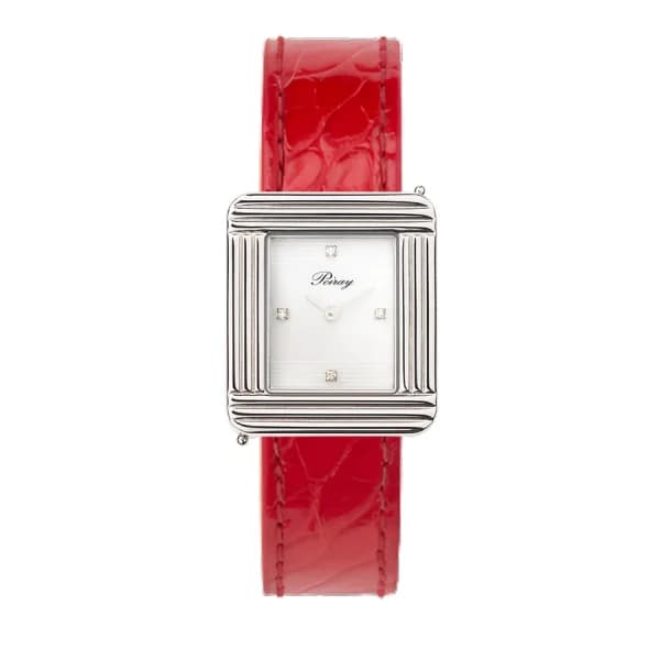 Poiray Montre Poiray Ma Première Cadran Blanc Serti Bracelet Alligator Rouge