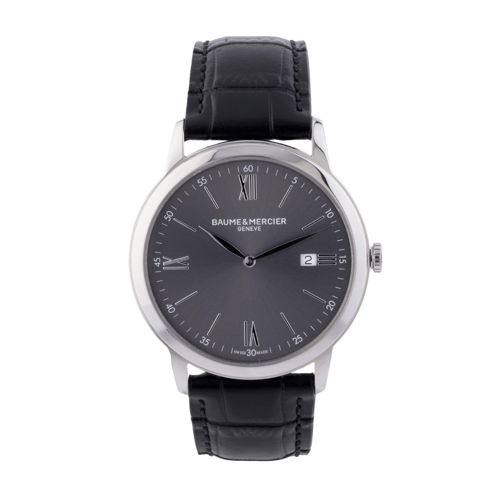 Baume & Mercier Montre Baume et Mercier Classima quartz cadran ardoise bracelet cuir veau noir 42 mm