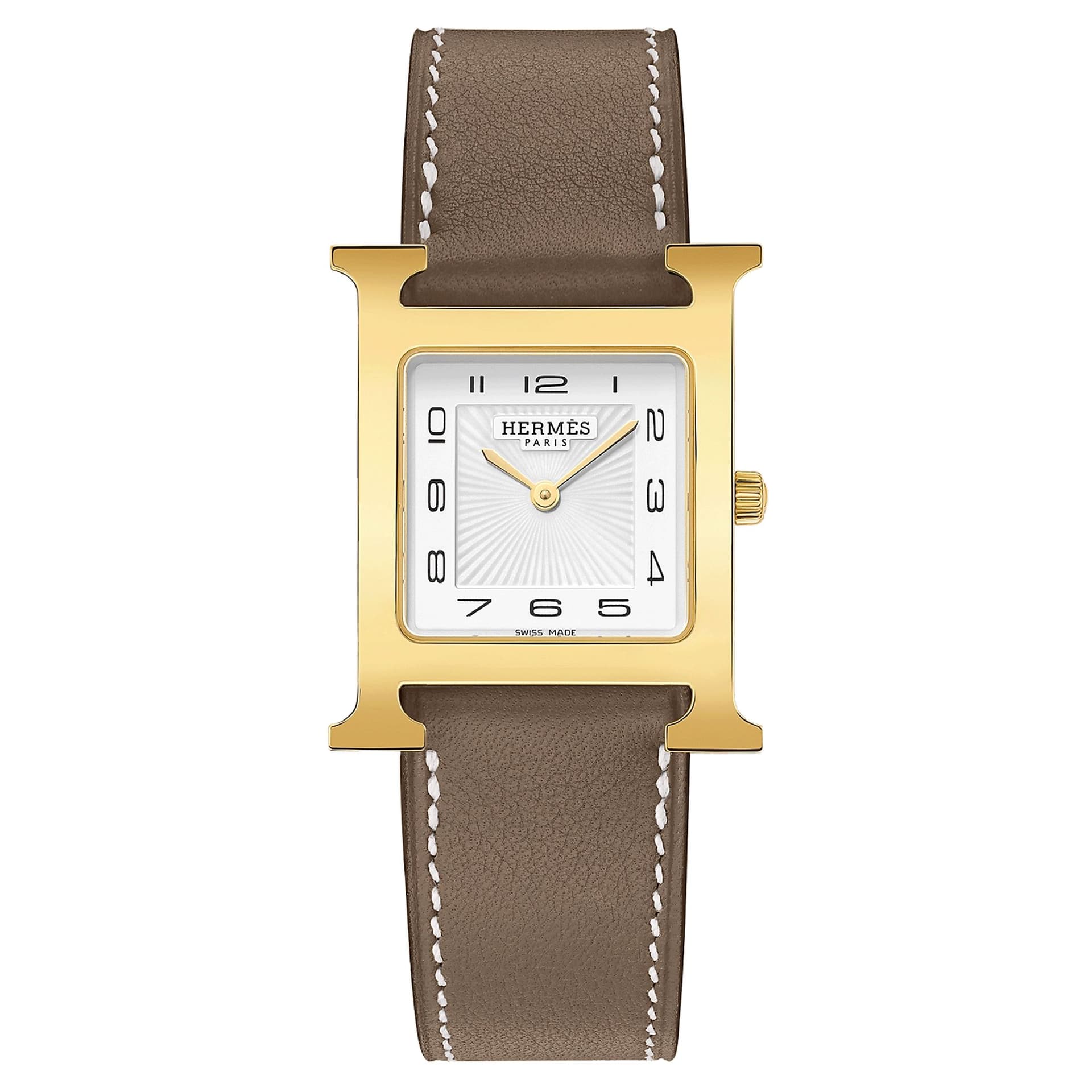 Hermès Montre HERMÈS Heure H Moyen Modèle PVD quartz cadran blanc bracelet cuir taupe 30 mm