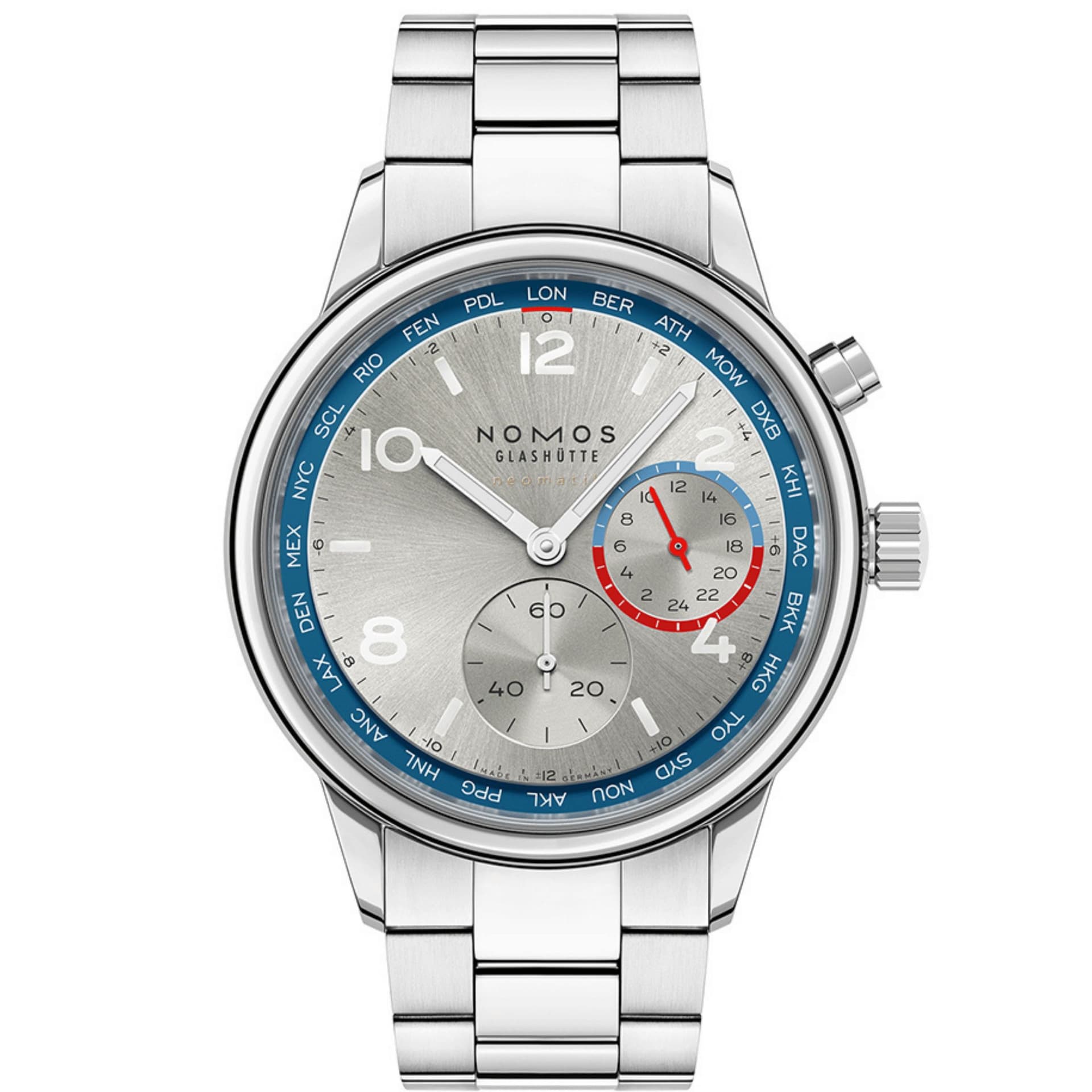 Nomos Montre Nomos Club Sport Neomatik Worldtimer Mondial cadran argent bracelet acier 40 mm