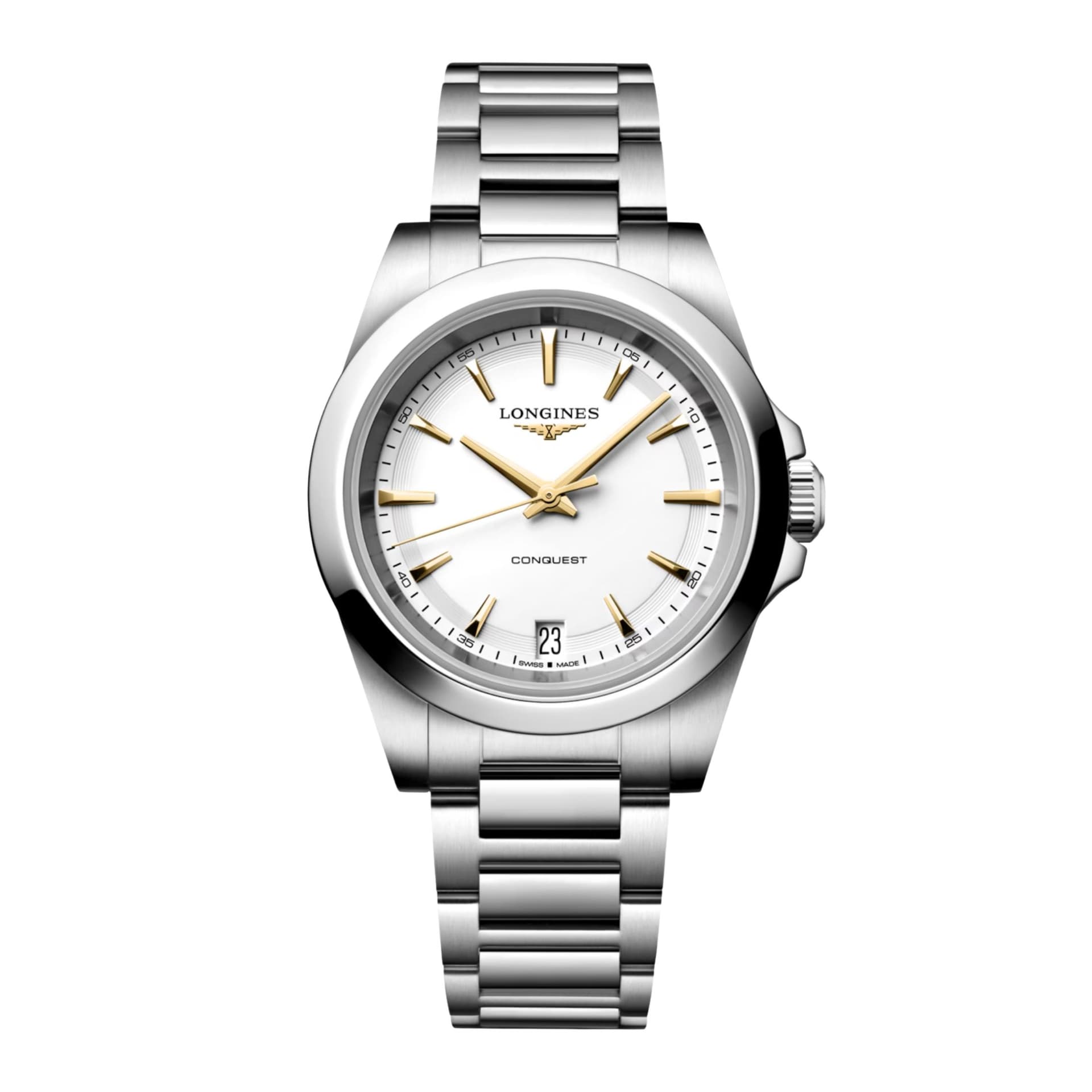 Longines Montre Longines Conquest quartz cadran blanc bracelet acier 34 mm