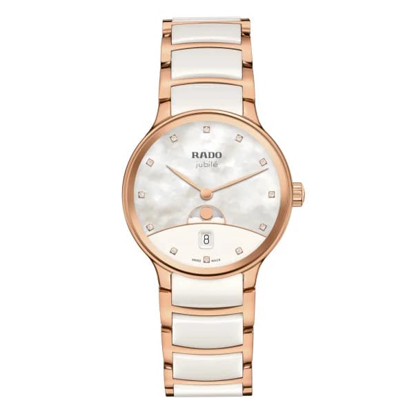 Rado Montre Rado Centrix Moonphase Quartz Cadran Blanc Bracelet Blanc