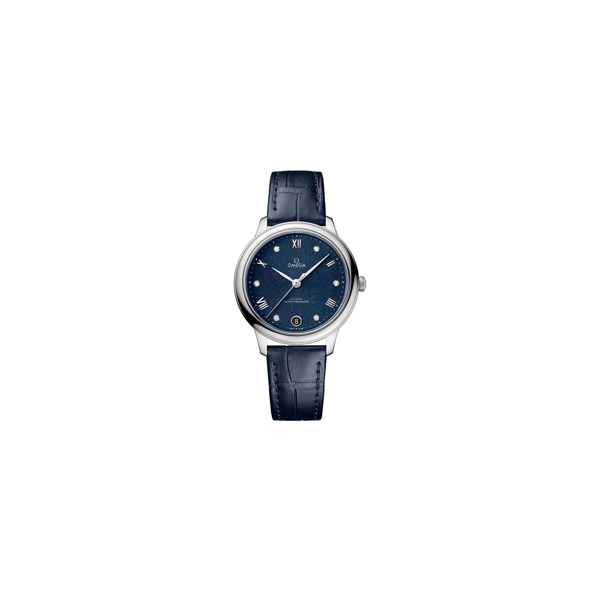 Omega Montre Omega de Ville Prestige Co-Axial Master Chronometer cadran bleu index diamant bracelet cuir 34 mm