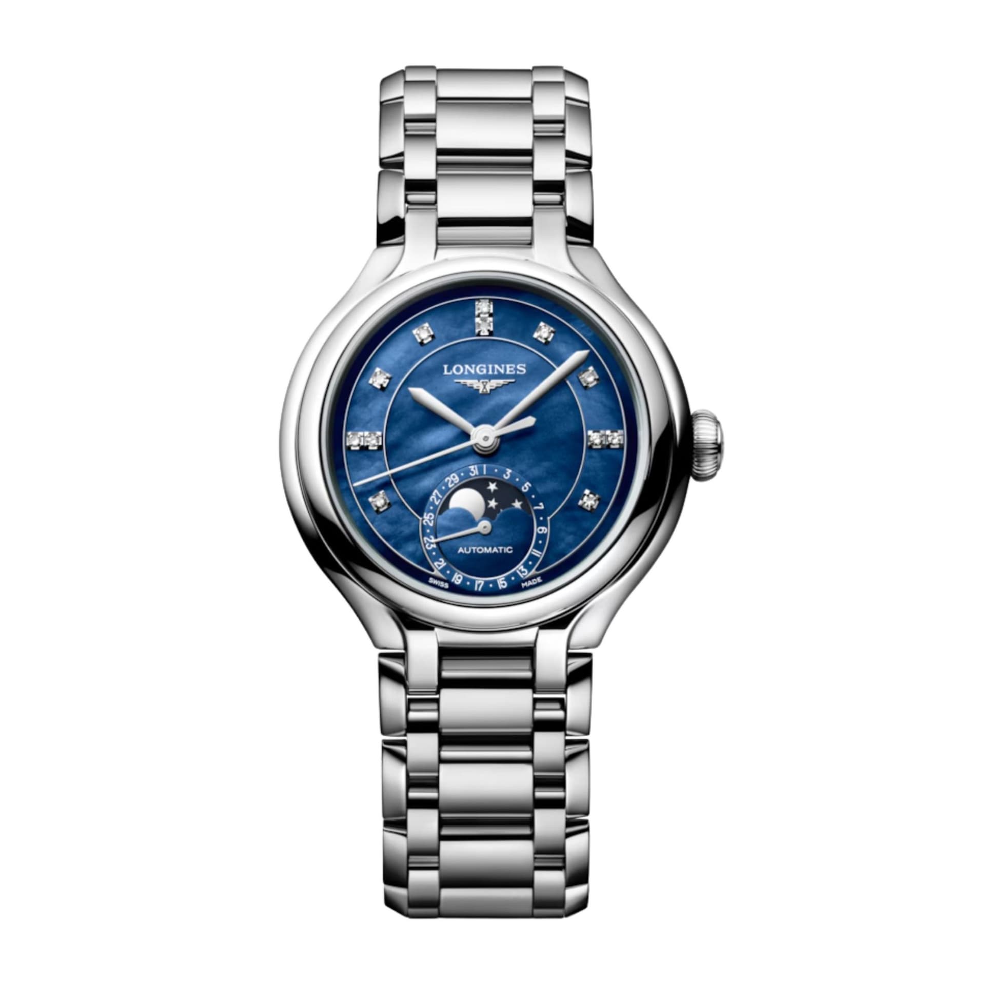 Longines Montre Longines Longines primaluna moonphase 34 mm Automatique Cadran Nacre bleue lumineuse Bracelet Acier