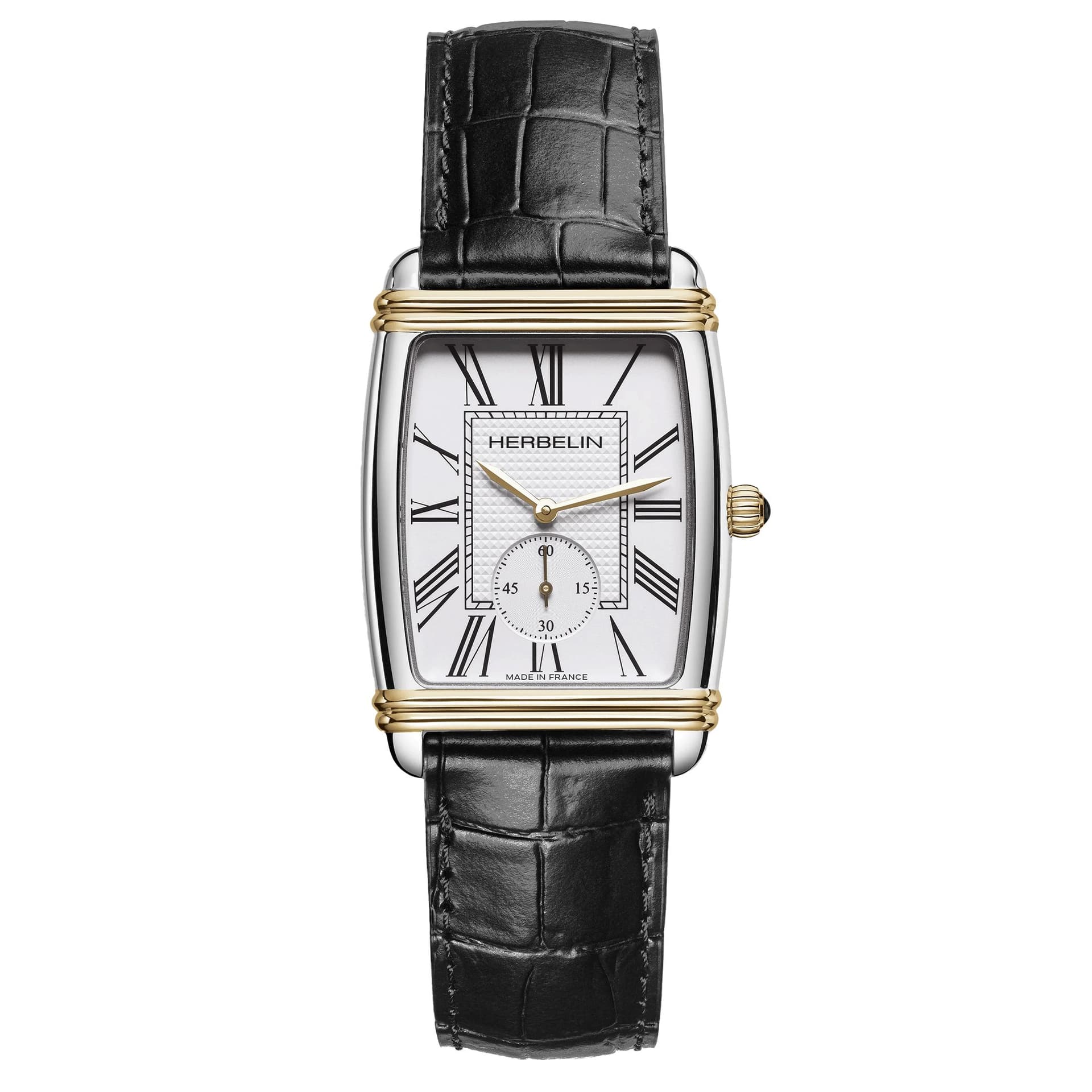 Michel Herbelin Montre Herbelin Art Déco PVD Or jaune quartz chiffres romains cadran blanc bracelet cuir noir 30 x 35,50 mm