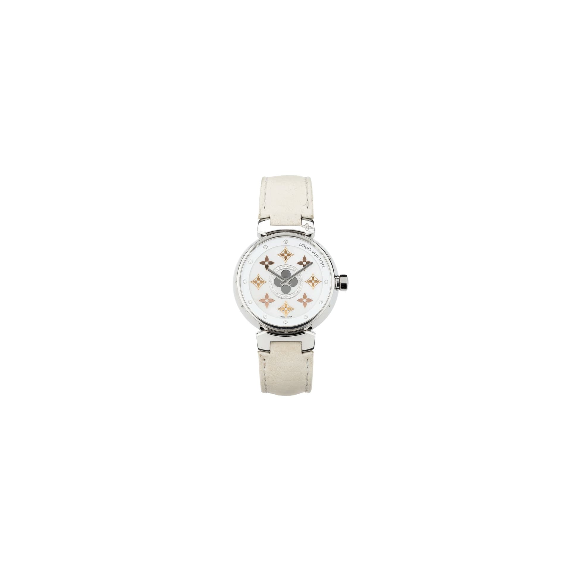 Louis Vuitton Montre Louis Vuitton Tambour quartz cadran blanc diamants 34 mm Full Set 2017