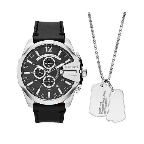 Diesel Coffret DIESEL MEGA CHIEF Montre Homme en Cuir Noir et Collier