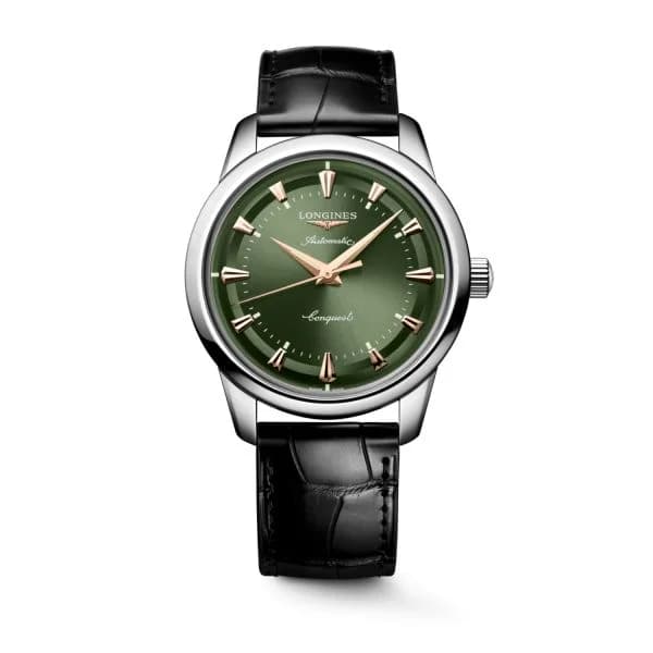 Longines Montre Longines Conquest Heritage 40mm Automatique Cadran Vert laqué poli Bracelet Alligator