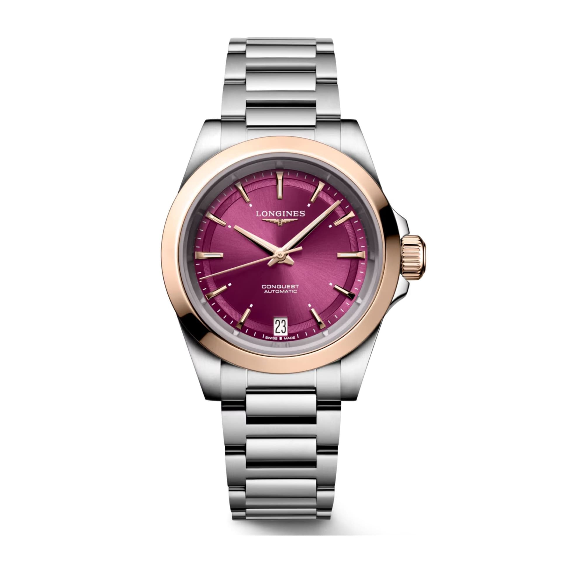 Longines Montre Longines Conquest Or rose automatique cadran violet bracelet acier et or rose 34 mm