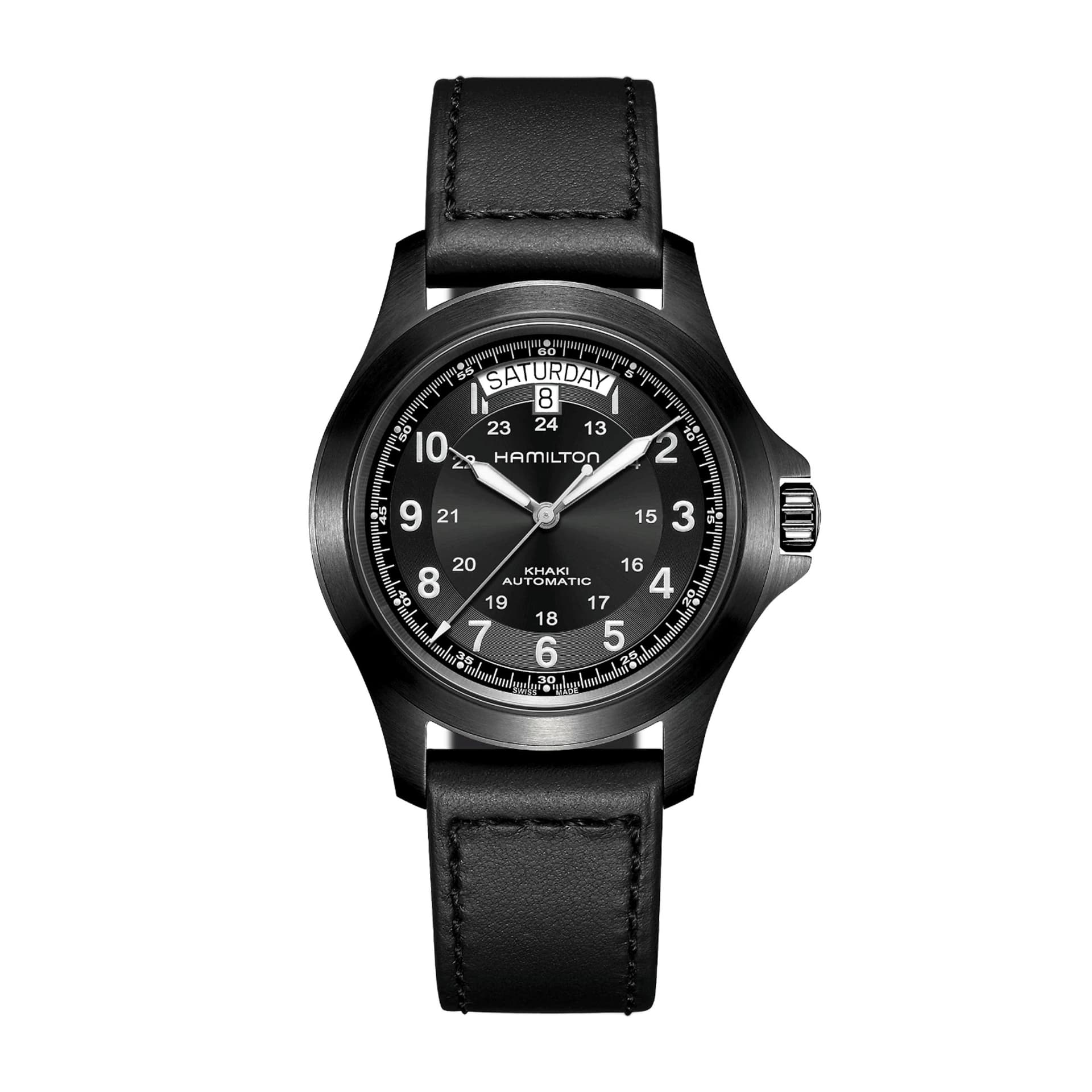 Hamilton Montre Hamilton Khaki Field King automatique cadran noir bracelet cuir noir 40 mm