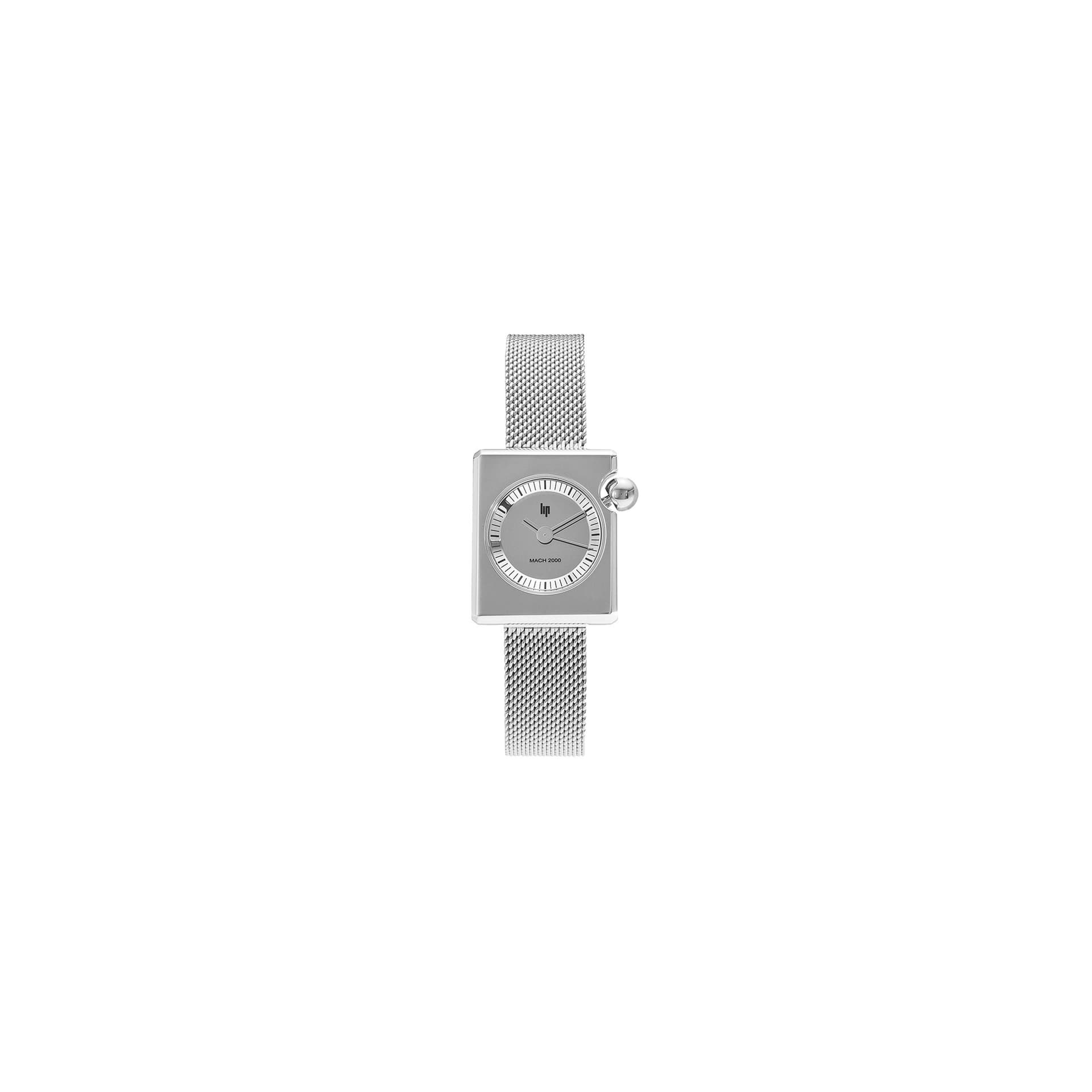 Lip Montre Lip Mach 2000 Mini Square quartz cadran argenté bracelet acier maille milanaise 30 x 28 mm