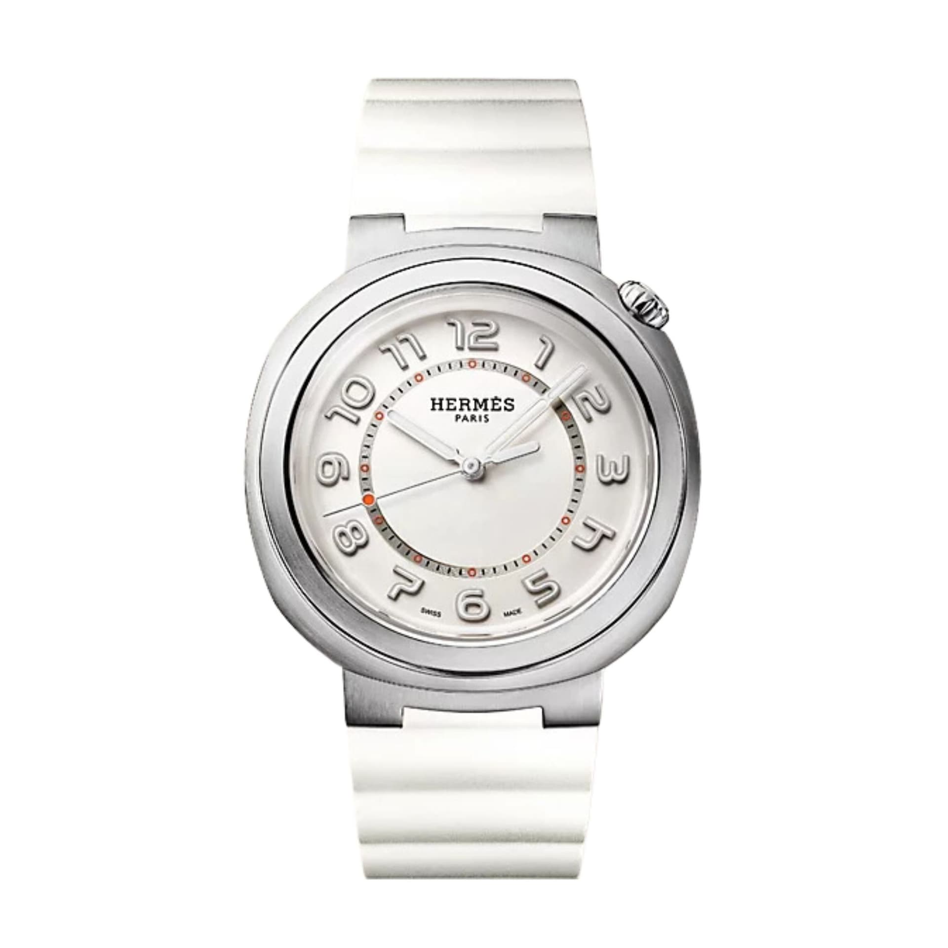 Hermès Montre HERMÈS Cut Grand Modèle automatique cadran argenté bracelet caoutchouc blanc 36 mm
