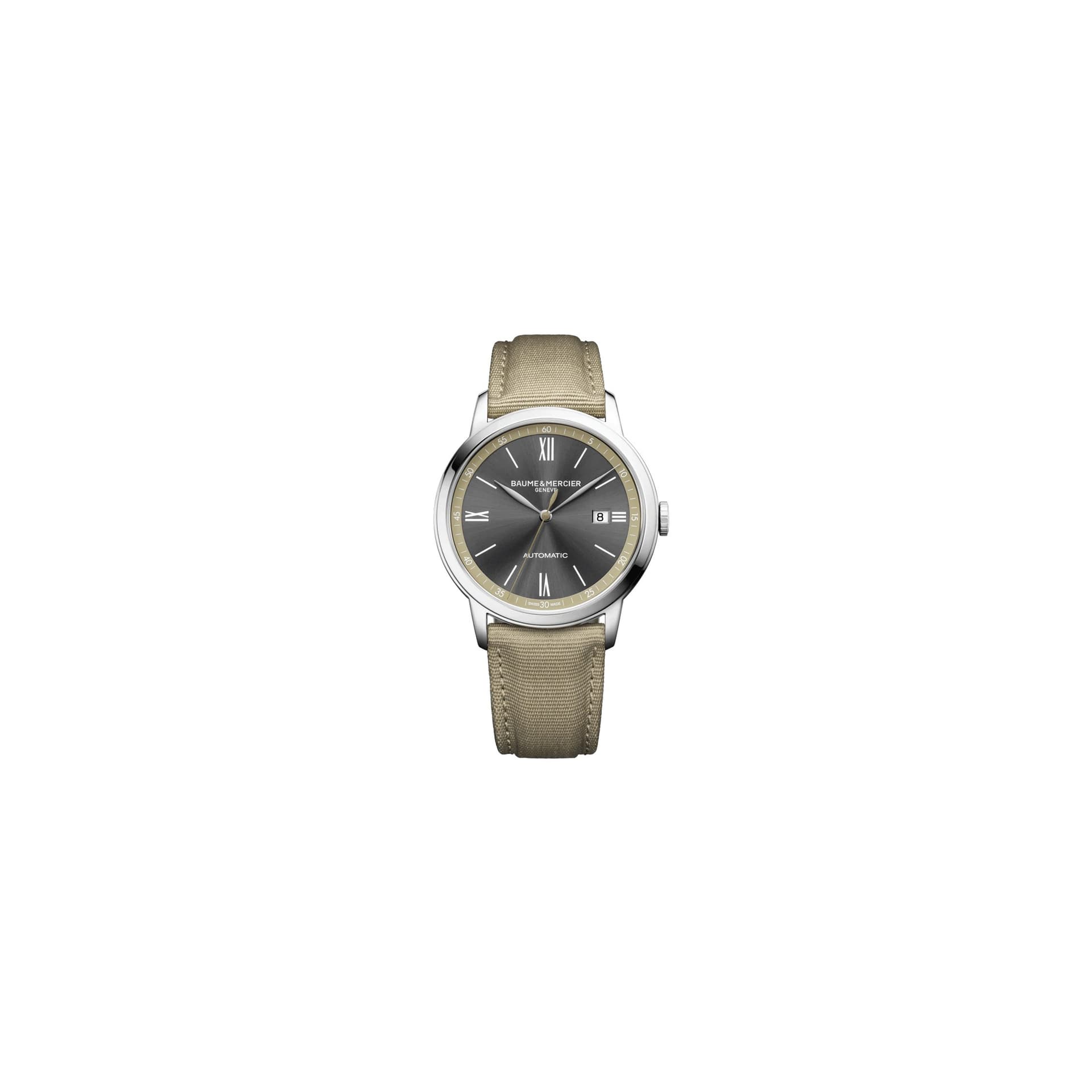 Baume & Mercier Montre Baume et Mercier Classima automatique cadran gris bracelet toile beige 42 mm