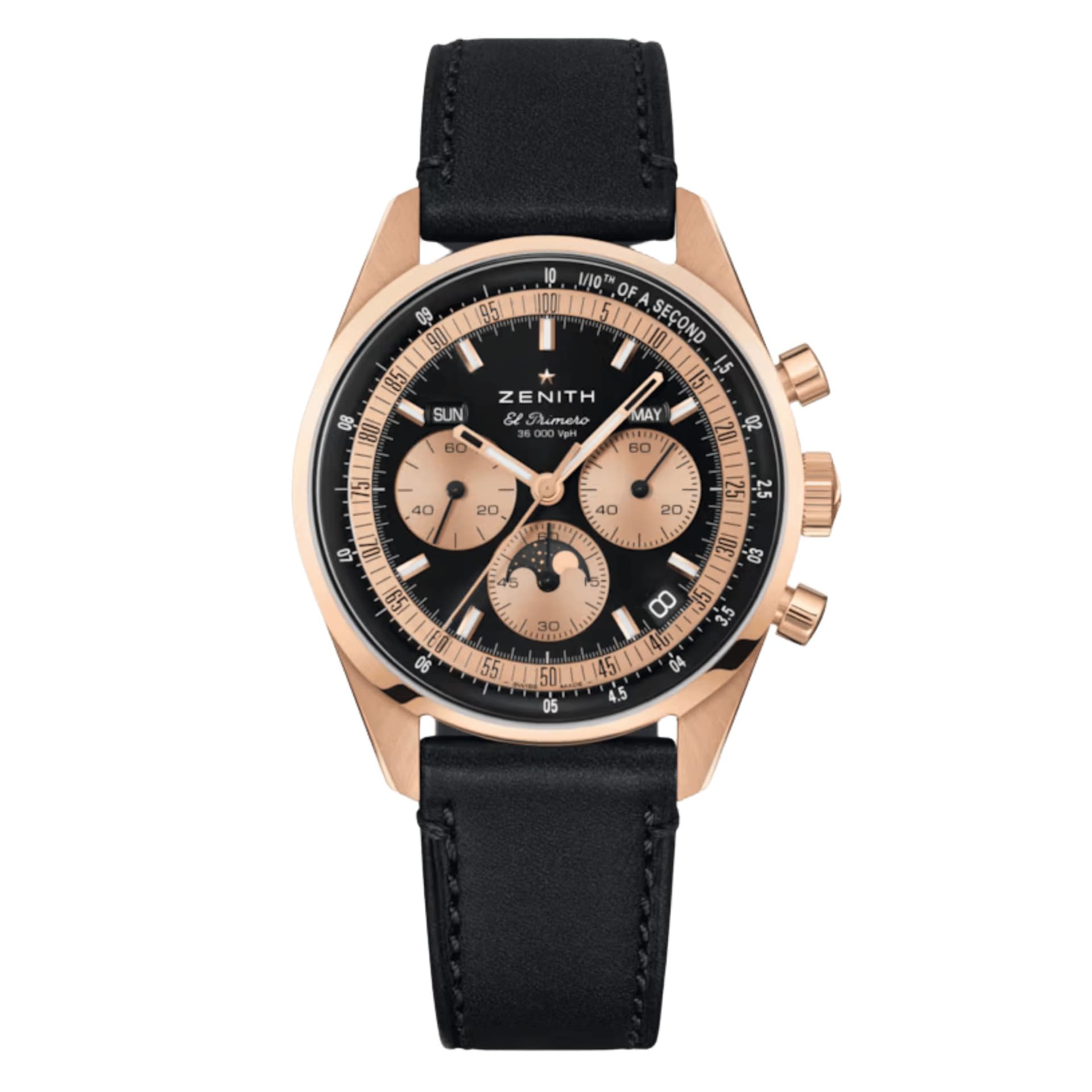 Zenith Montre Zenith Chronomaster Original Triple Calendar El Primero Or rose cadran noir bracelet cuir 38 mm