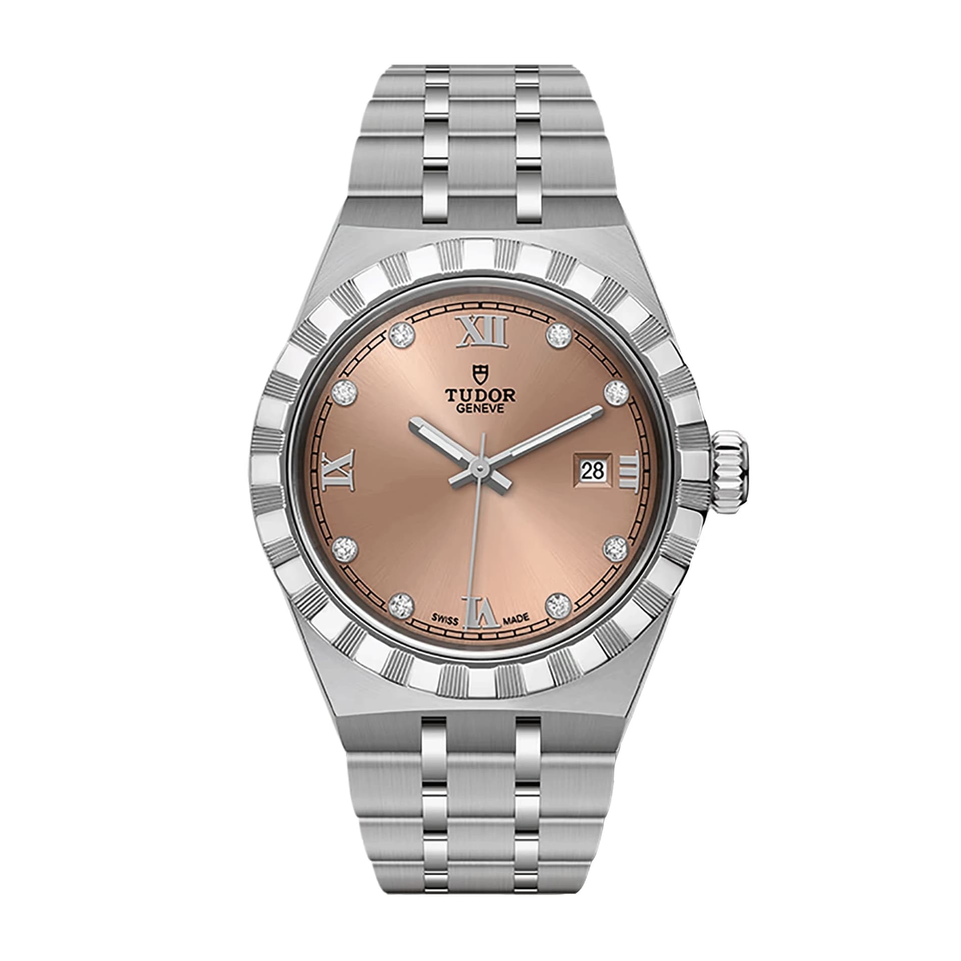 Tudor Montre Tudor Royal automatique index diamants cadran saumon bracelet acier 28 mm
