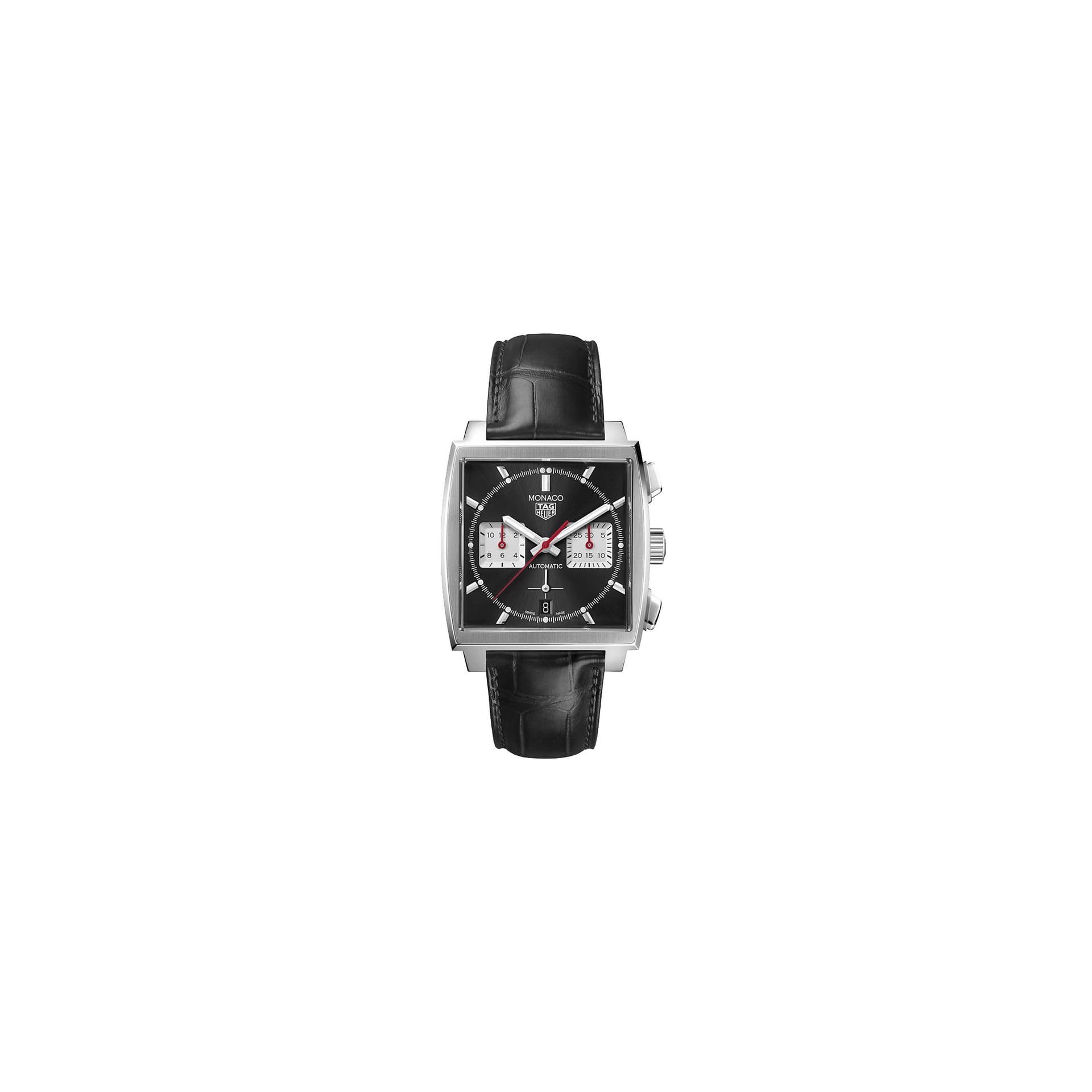 TAG Heuer Montre TAG Heuer Monaco Calibre HEUER 02 cadran noir bracelet cuir noir 39 mm