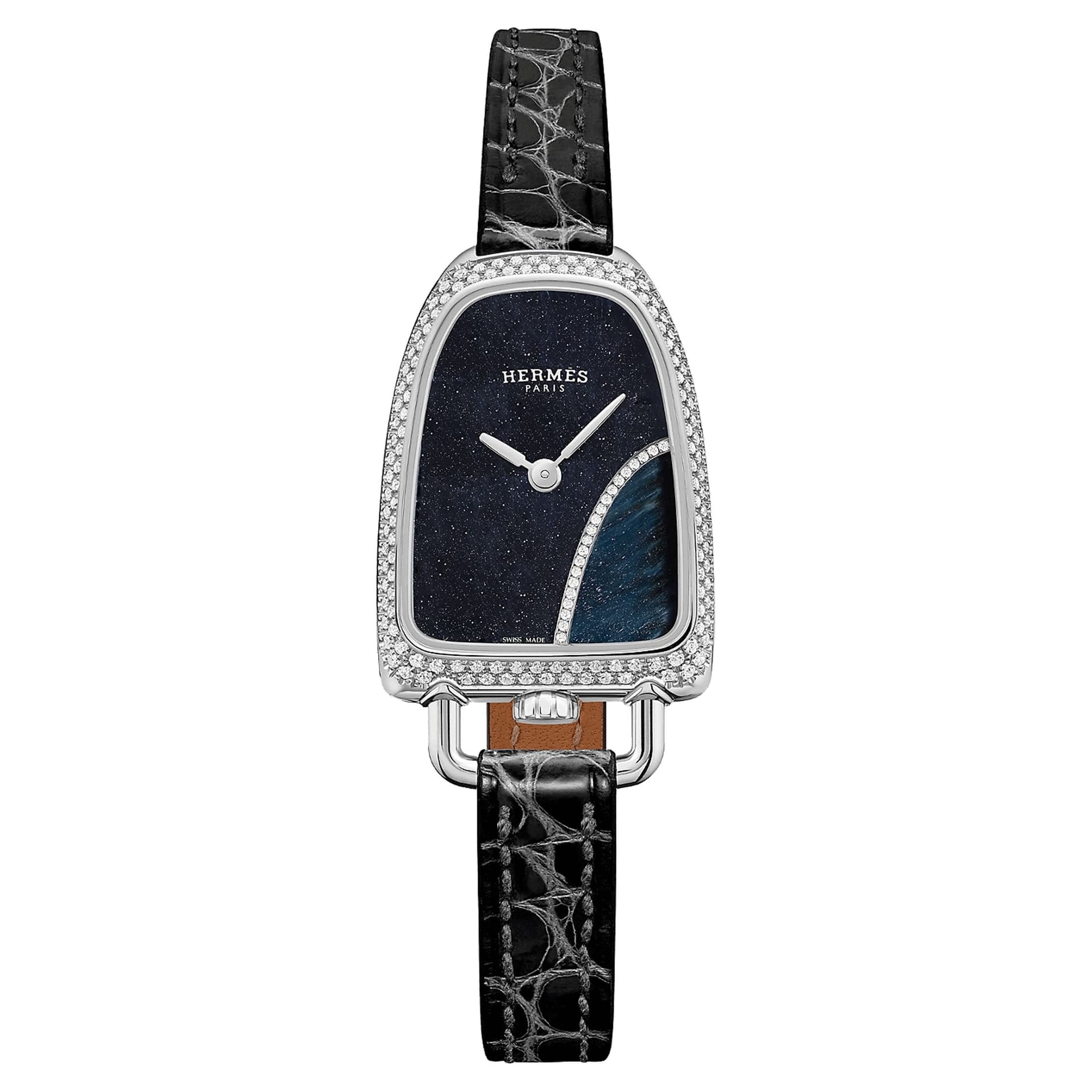 Hermès Montre HERMÈS Galop d'Hermès Moyen Modèle sertie quartz cadran aventurine et oeil de faucon bracelet cuir noir 32 mm