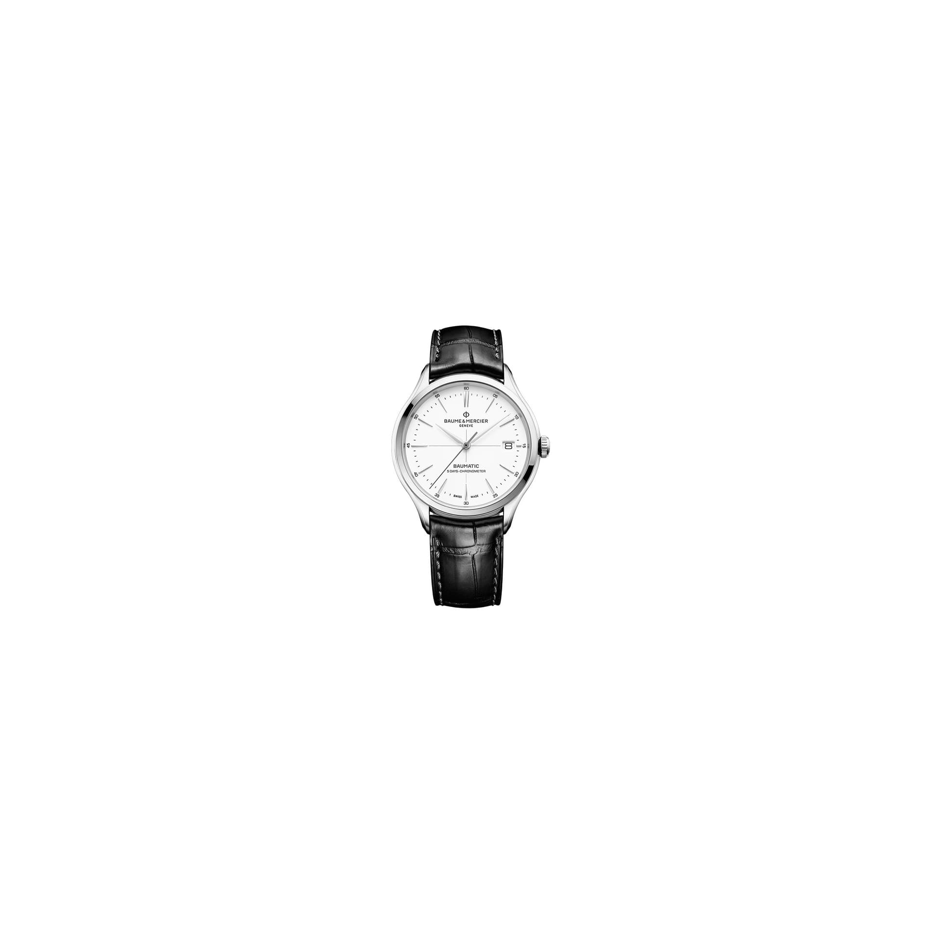 Baume & Mercier Montre Baume et Mercier Clifton Baumatic COSC cadran blanc bracelet cuir alligator noir 40 mm