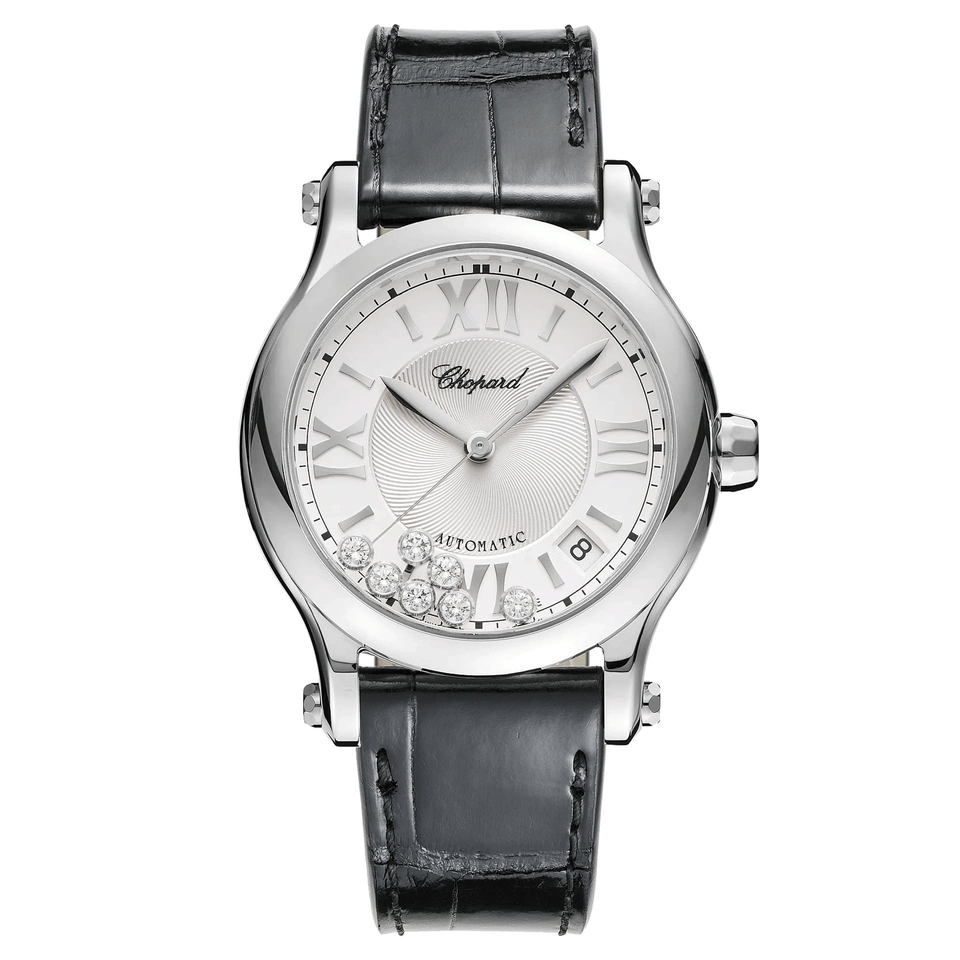 Chopard Montre Chopard Happy Sport automatique cadran argent bracelet cuir noir 36 mm