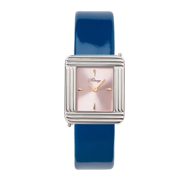Poiray Montre Poiray Ma Première Acier Cadran Rose Bracelet Veau Vernis Bleu