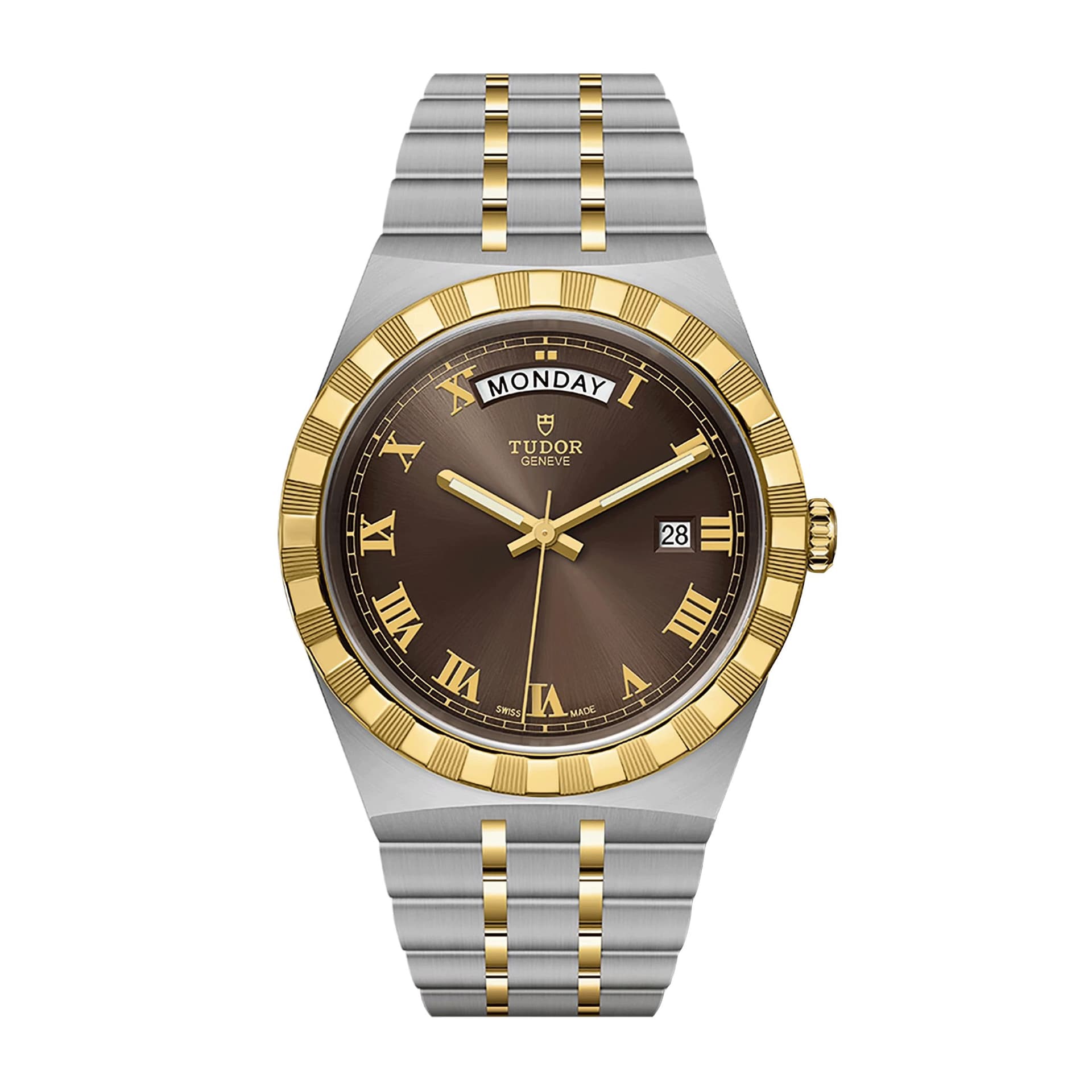 Tudor Montre Tudor Royal automatique lunette or jaune cadran chocolat bracelet acier et or jaune 41 mm