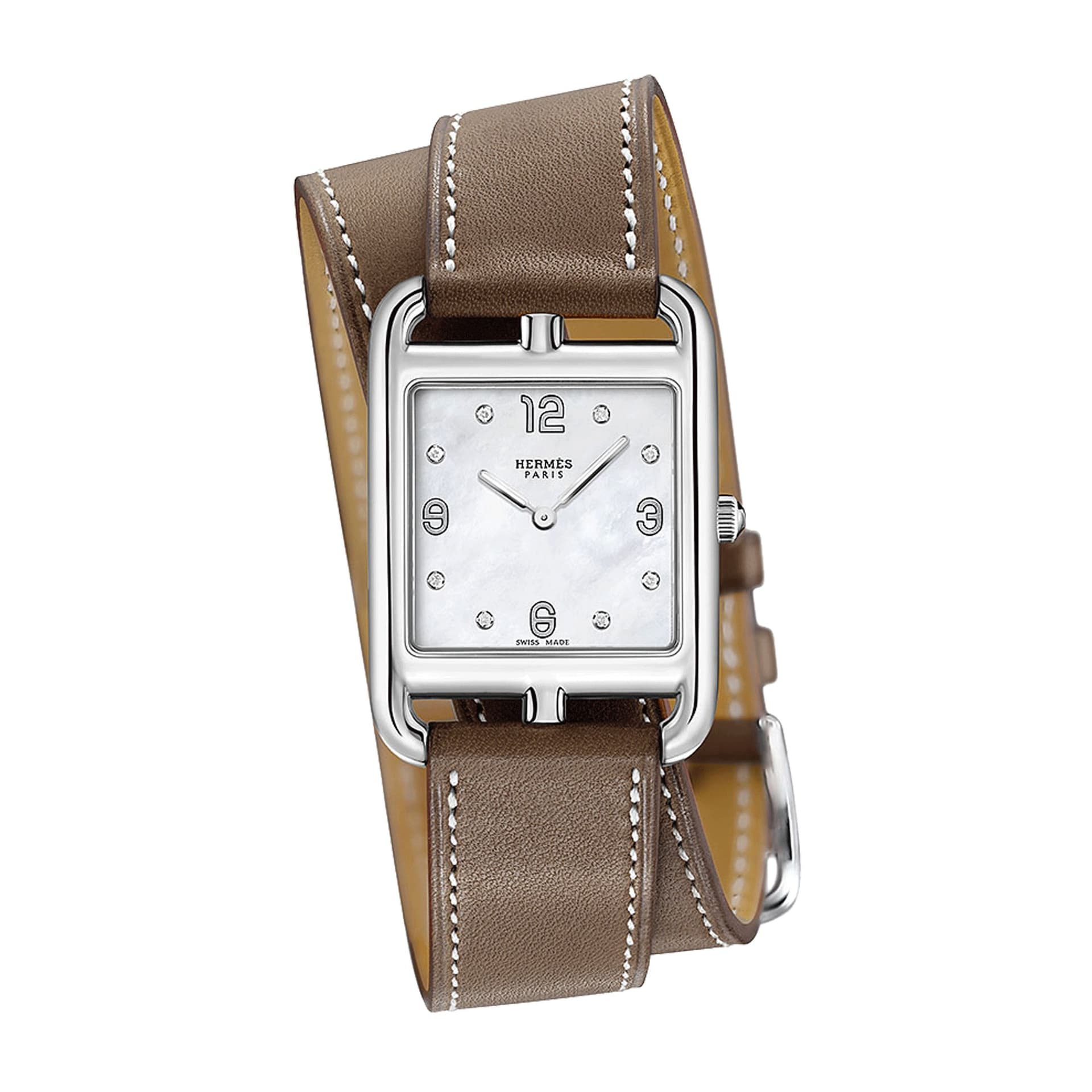 Hermès Montre HERMÈS Cape Cod Petit Modèle quartz cadran nacre blanche bracelet cuir marron double tour 29 mm