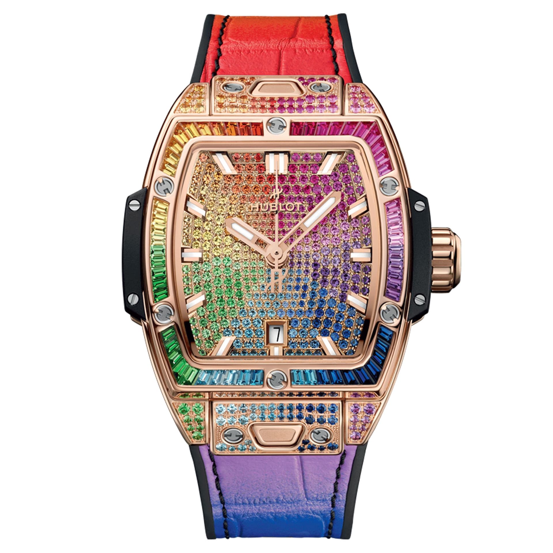 Hublot Montre Hublot Spirit of Big Bang King Gold Rainbow automatique cadran pierres colorées bracelet caoutchouc cuir multicolore 32 mm