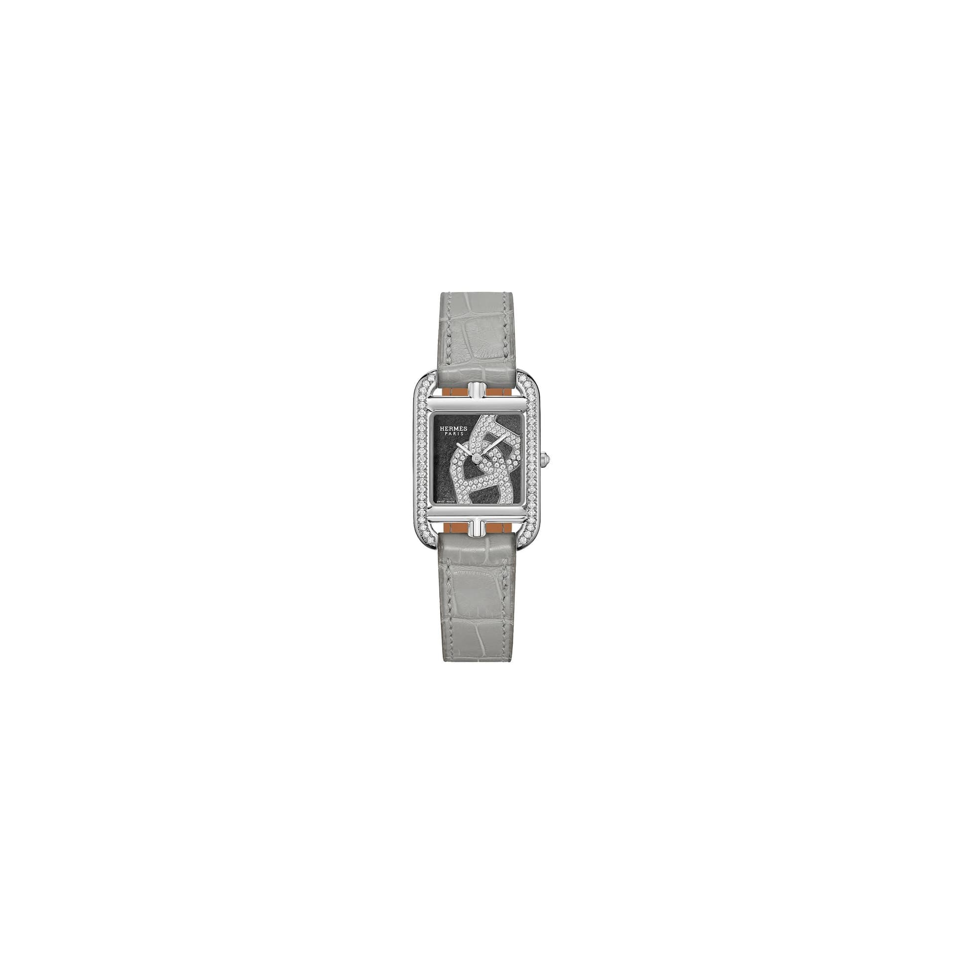 Hermès Montre HERMÈS Cape Cod Chaîne D'Ancre Joaillier Petit Modèle quartz cadran en obsidienne diamants bracelet cuir gris 31 mm