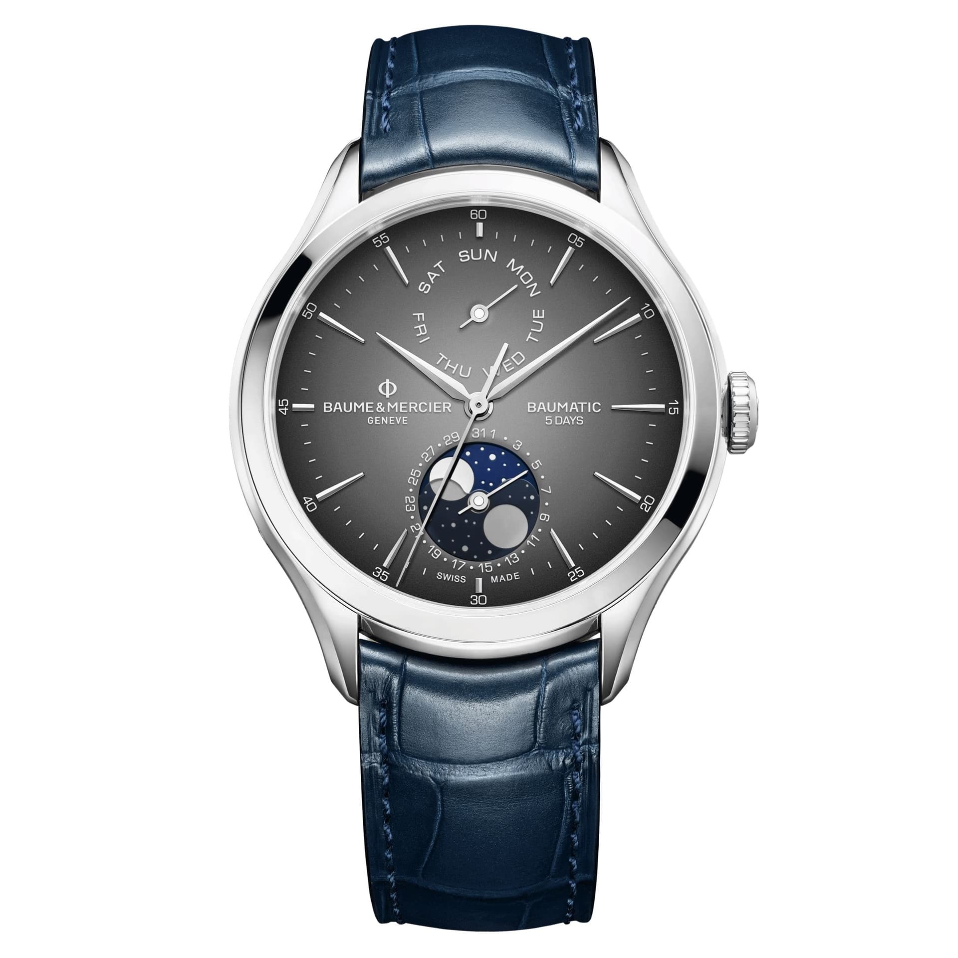 Baume & Mercier Montre Baume et Mercier Clifton Baumatic automatique cadran gris bracelet cuir alligator bleu 42 mm