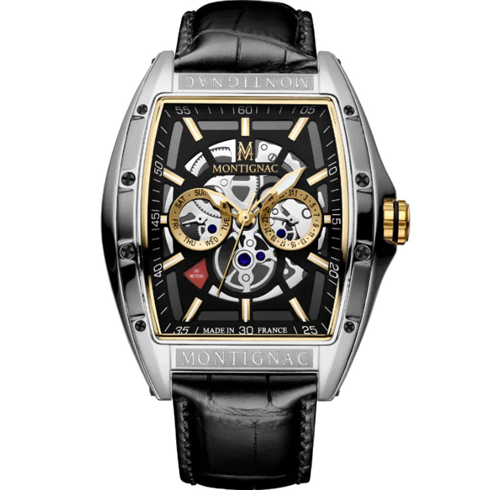 Montignac Montre Montignac Collection Tonneau en Cuir Noir