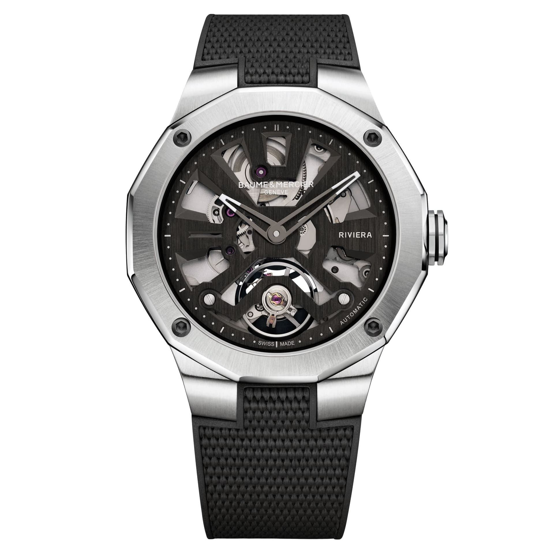 Baume & Mercier Montre Baume et Mercier Riviera automatique cadran squelette bracelet caoutchouc noir 42 mm