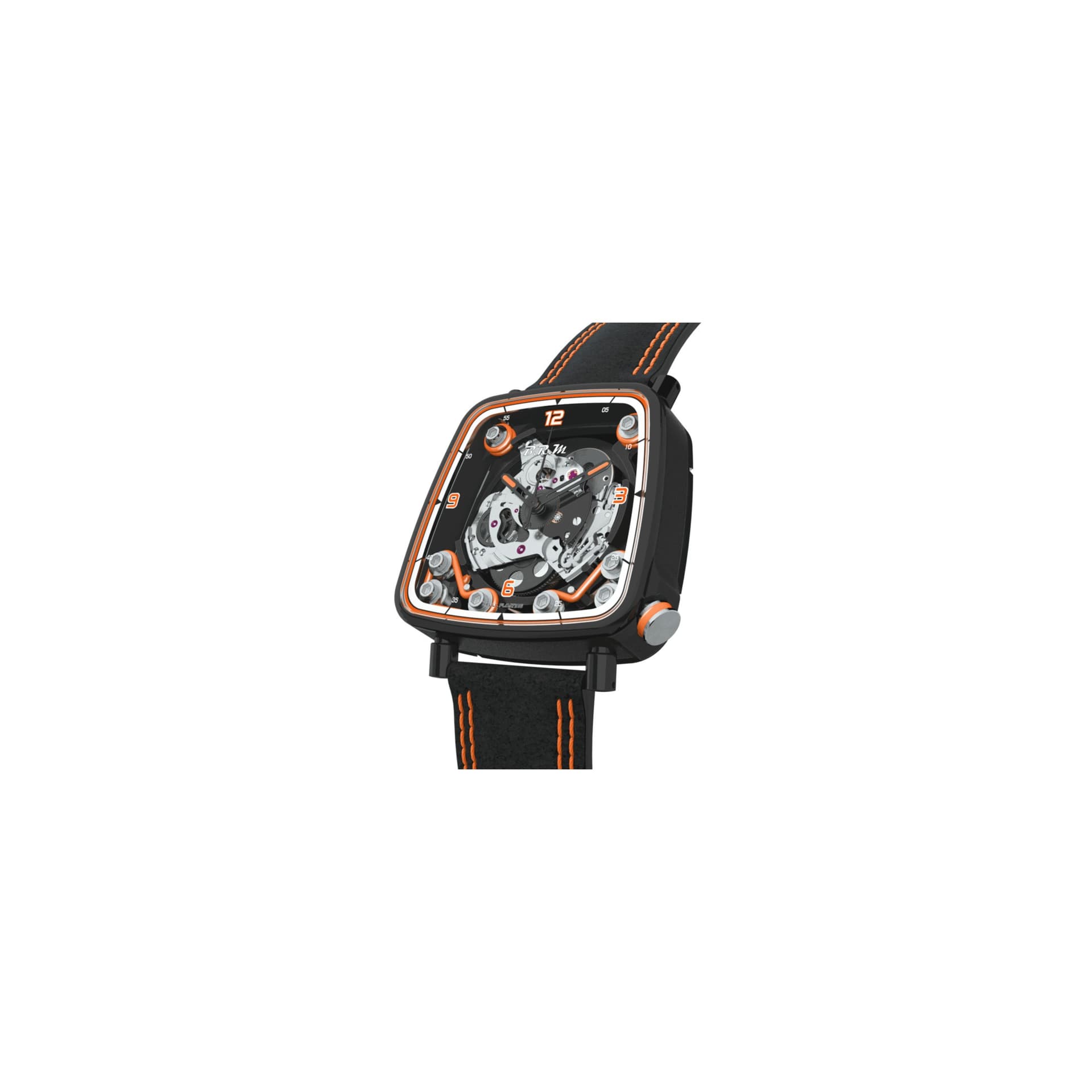 B.R.M Montre B.R.M FF39-40 automatique titane noir couronne laque orange cadran squelette bracelet cuir Alcantara noir 40 mm