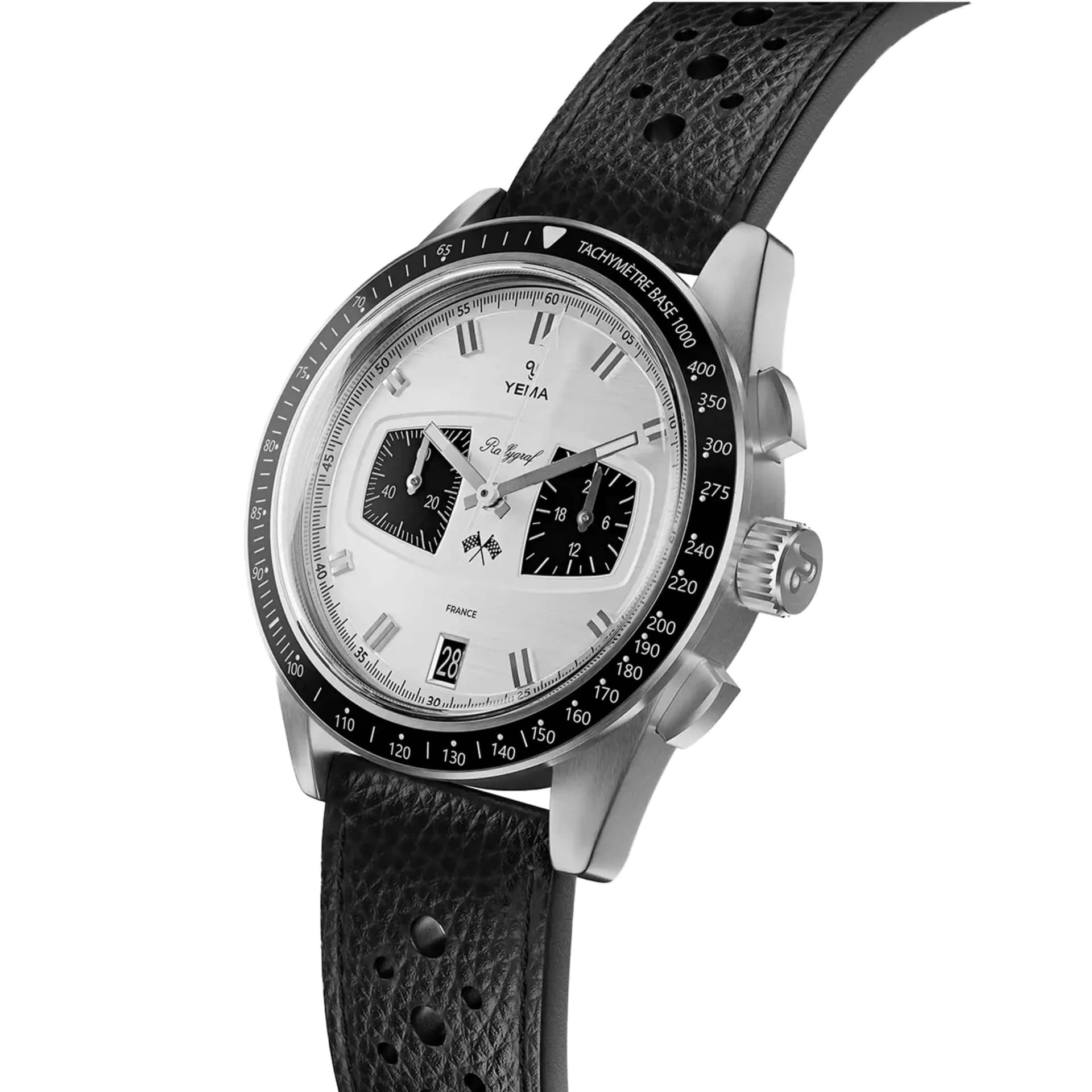 Yema Montre Yema Rallygraf Meca-Quartz II Panda cadran blanc bracelet cuir 40 mm