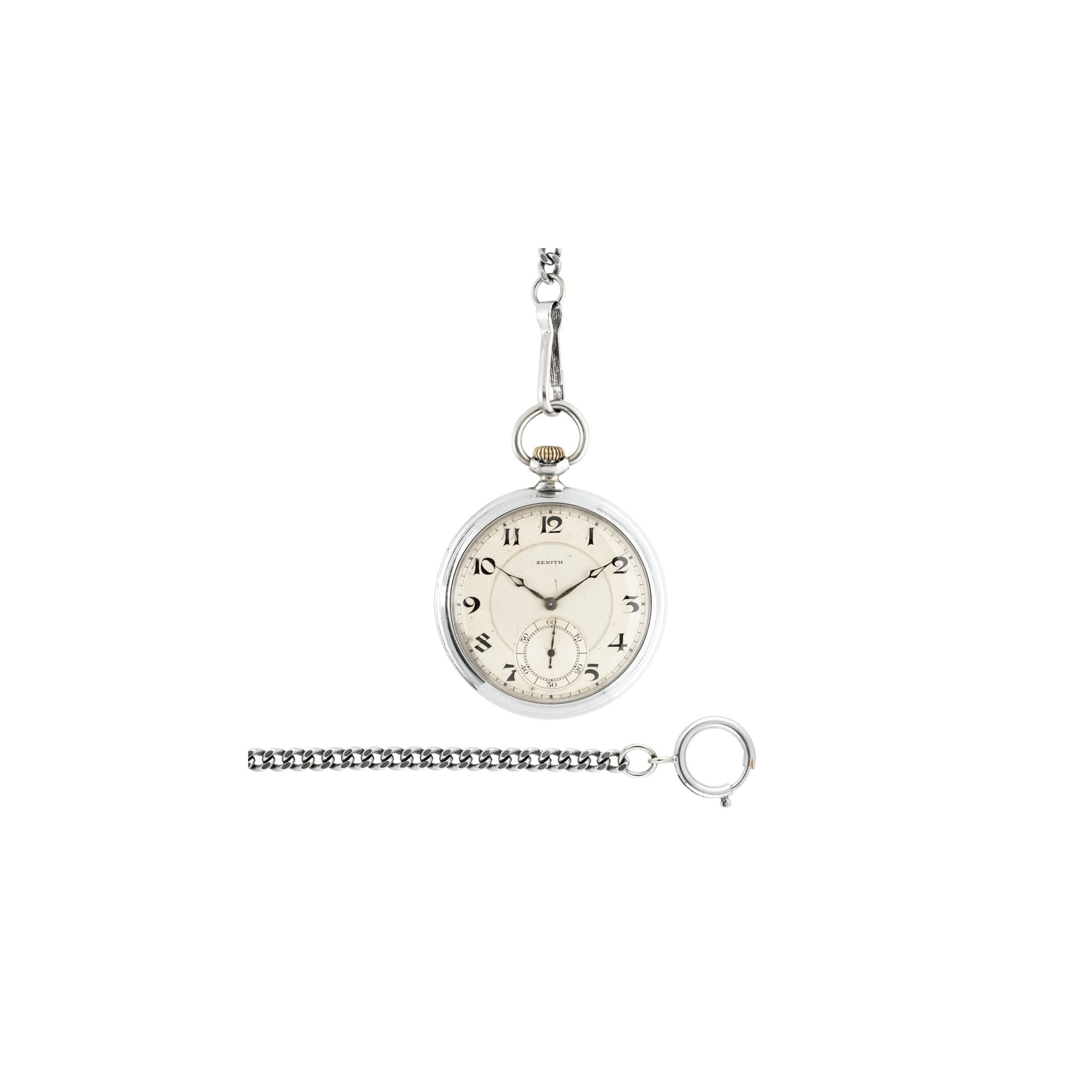 Zenith Montre Gousset Zenith mécanique avec chaine en acier 1920s 50 mm
