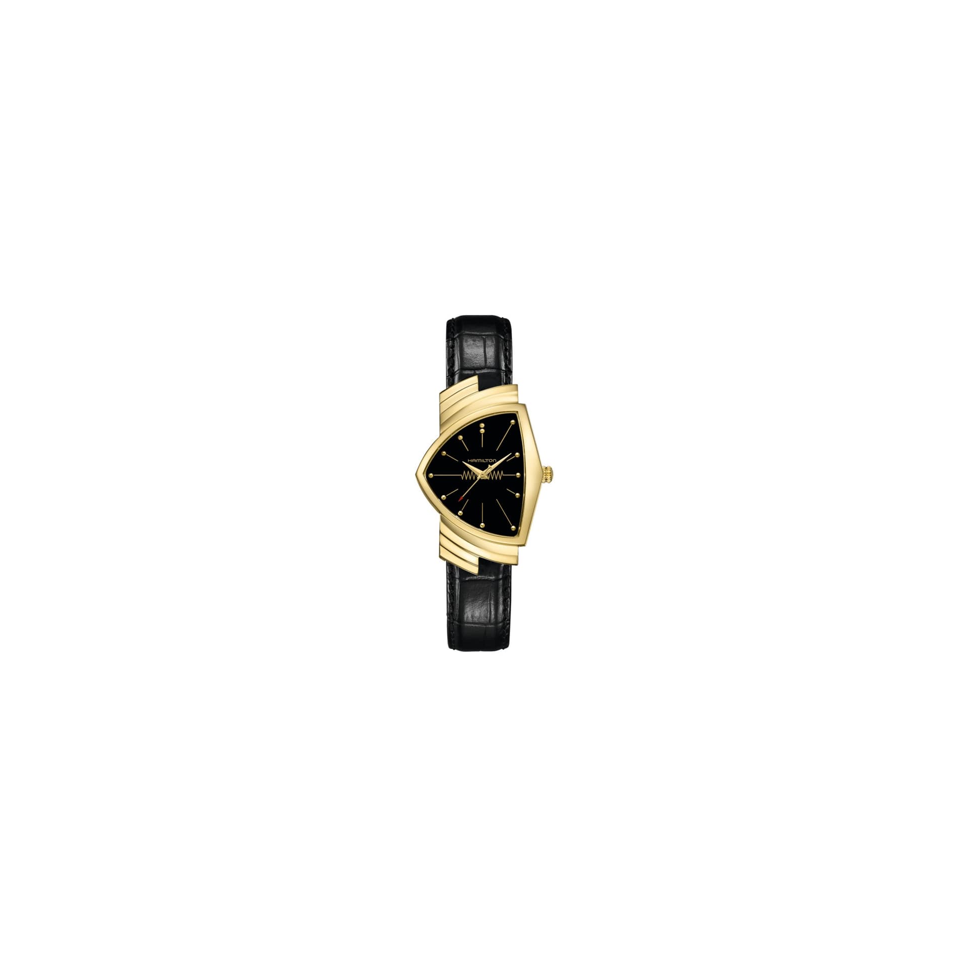 Hamilton Montre Hamilton Ventura quartz acier PVD doré cadran noir bracelet cuir façon alligator