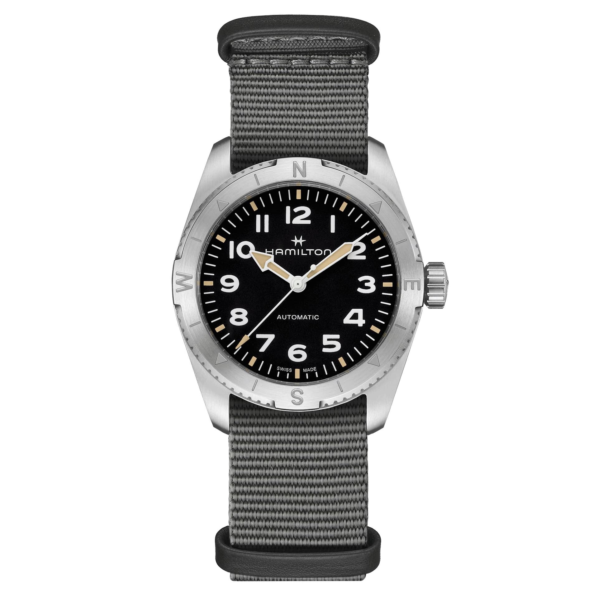 Hamilton Montre Hamilton Khaki Field Expedition automatique cadran noir bracelet NATO gris 37 mm