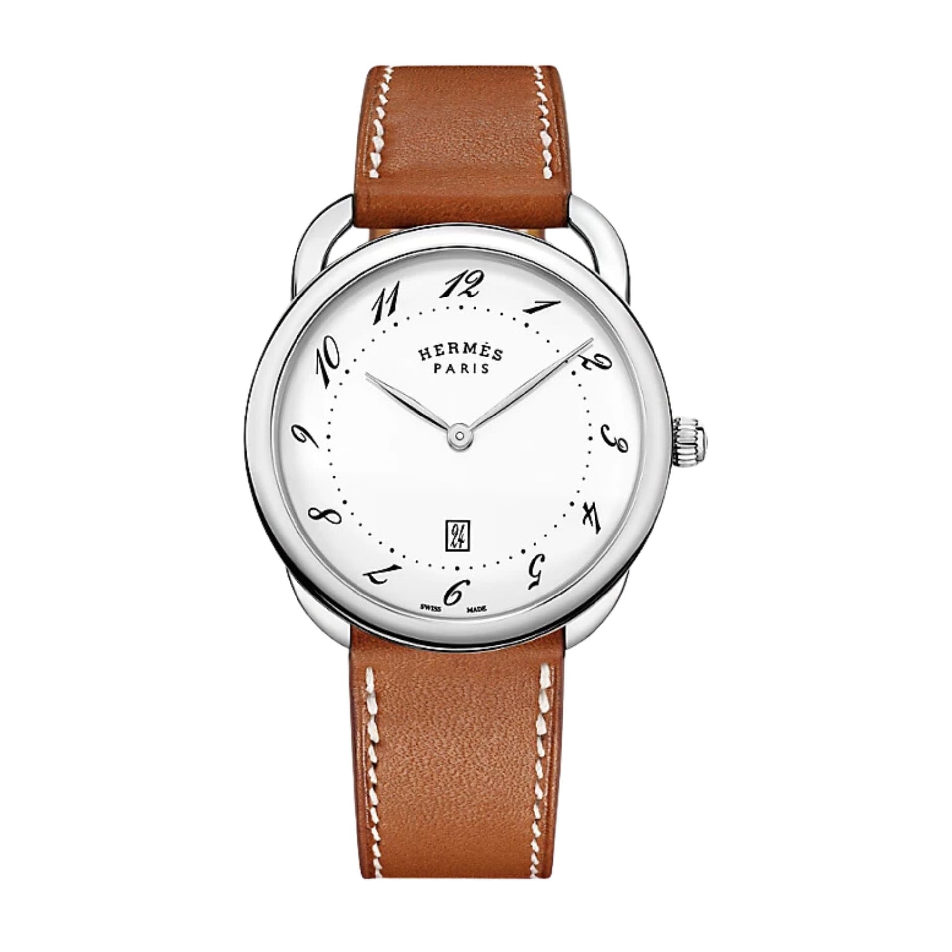 Hermès Montre HERMÈS Arceau quartz cadran laqué blanc bracelet cuir marron 40 mm