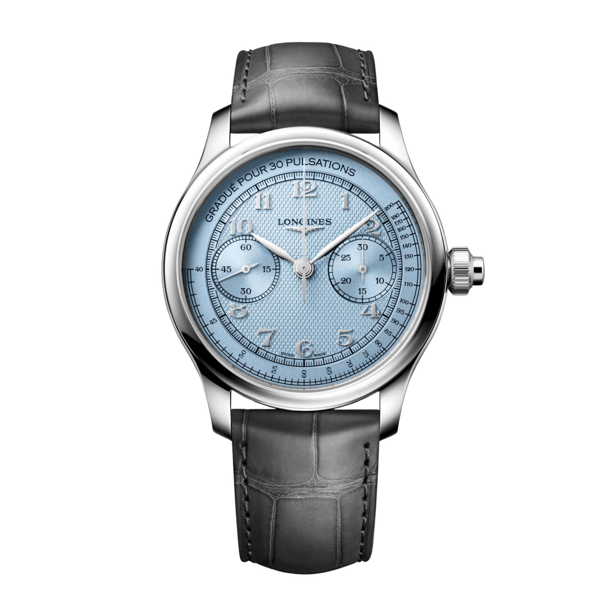 Longines Montre Longines Master Collection Chrono Monopusher remontage manuel cadran bleu givré bracelet cuir 41 mm