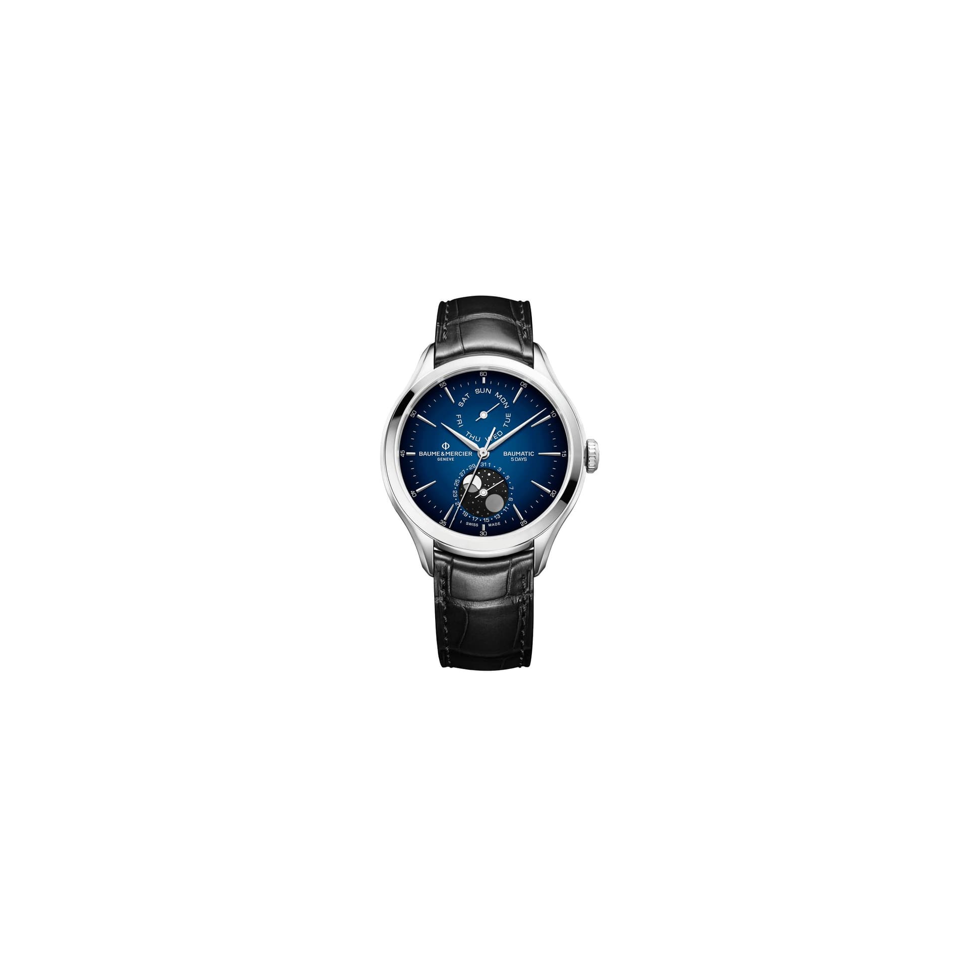 Baume & Mercier Montre Baume et Mercier Clifton Baumatic Moon Phase automatique cadran bleu bracelet cuir 42 mm