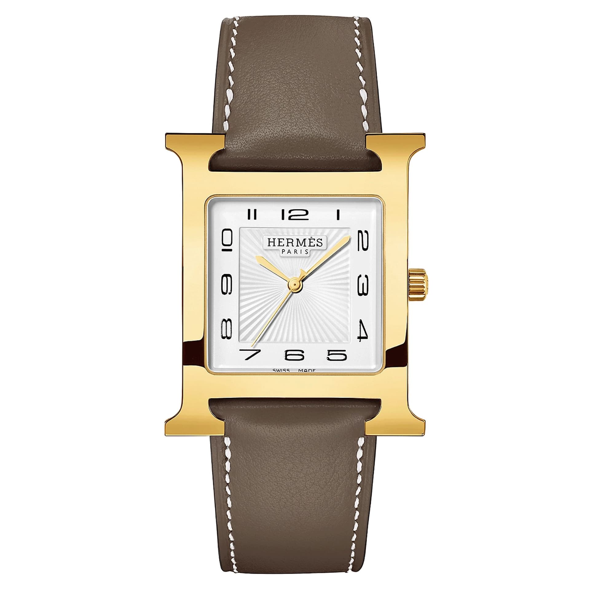 Hermès Montre HERMÈS Heure H Grand Modèle PVD quartz cadran blanc bracelet cuir taupe 34 mm