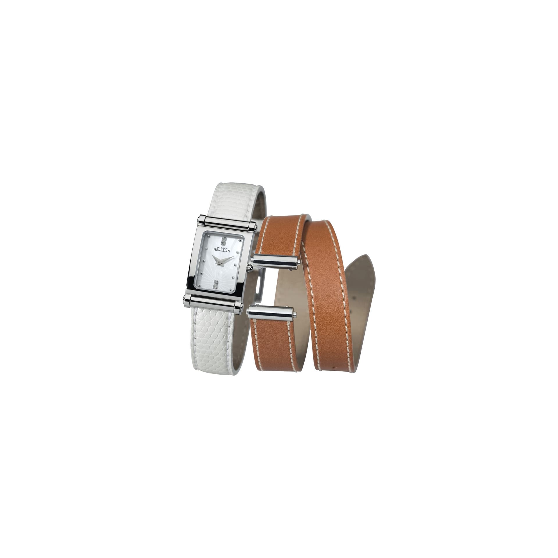 Michel Herbelin Montre Michel Herbelin Coffret Antarès quartz cadran nacre bracelets cuir blanc et brun