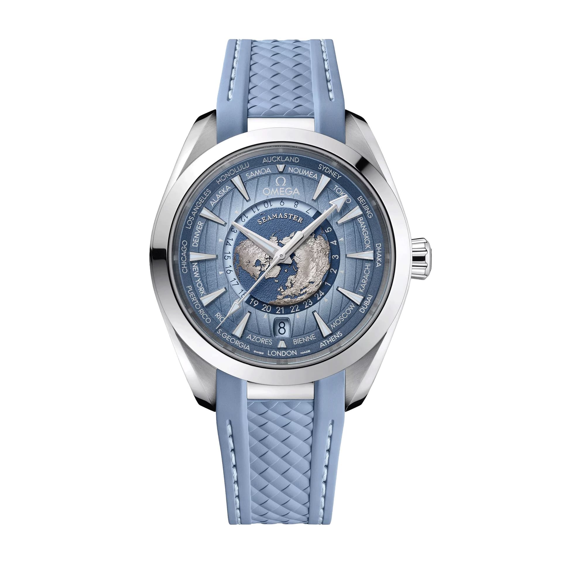 Omega Montre Omega Seamaster Aqua Terra 150M GMT Worldtimer 75ème Anniversaire Co-Axial Master Chronometer bracelet caoutchouc 43 mm