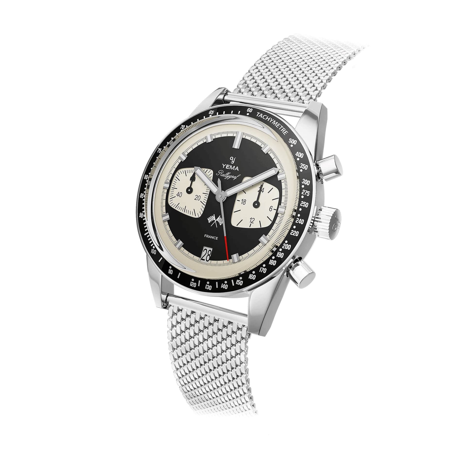 Yema Montre Yema Rallygraf Meca-Quartz cadran noir bracelet acier maille milanaise 39 mm